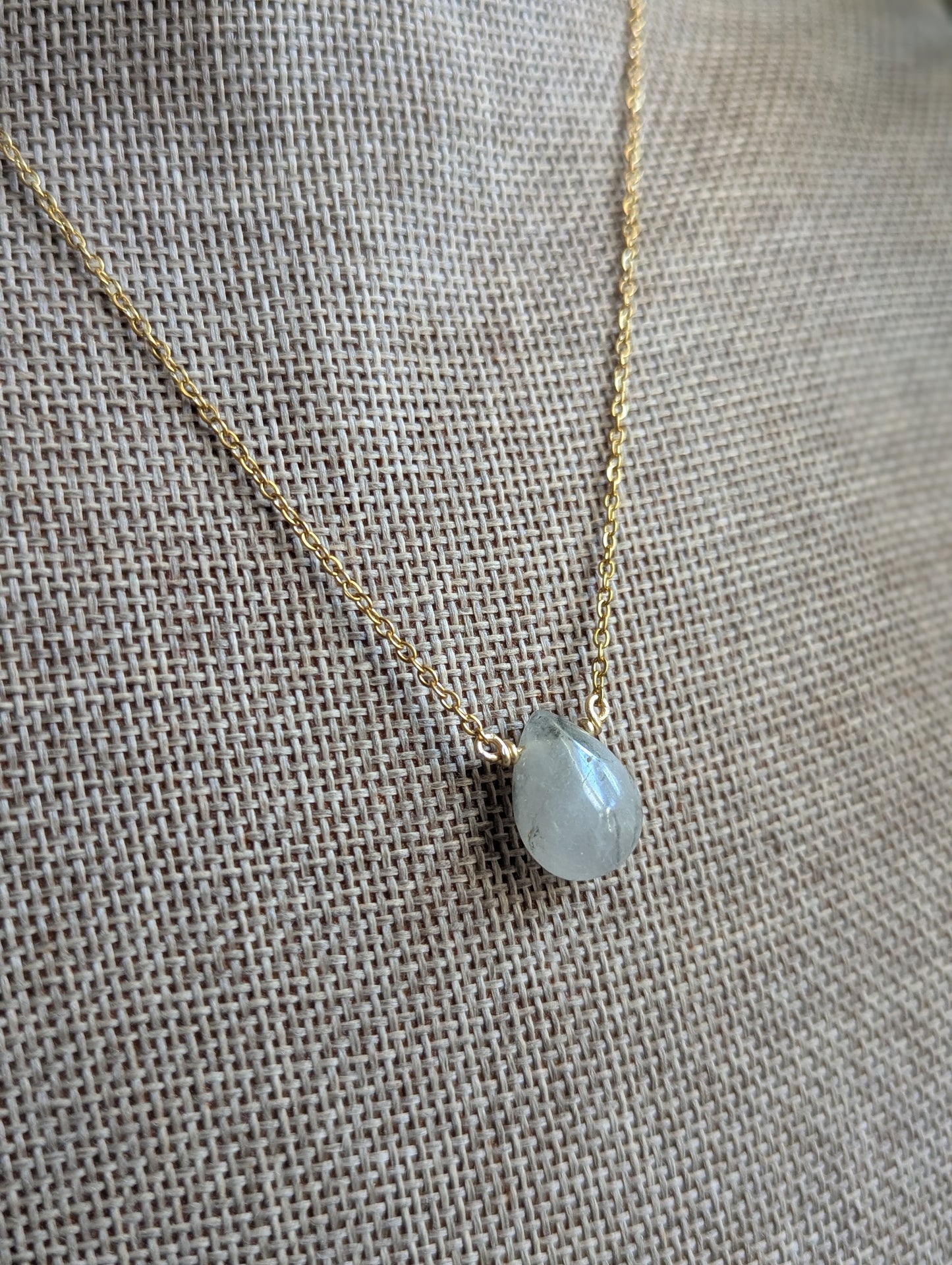 Rutilated Quartz Tear Drop Pendant on Stainless (Silver or Gold)