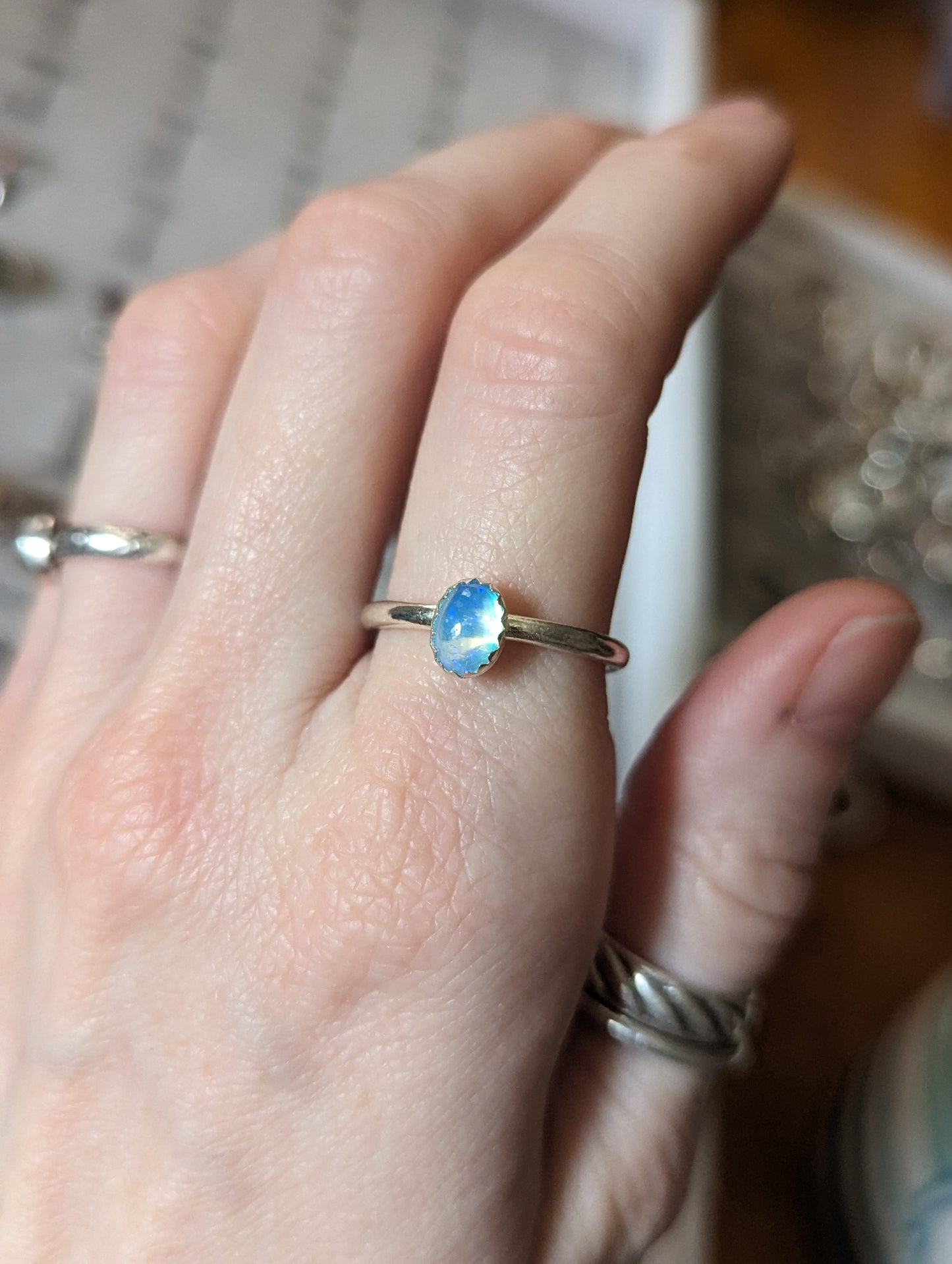 Blue Welo Opal Sterling Silver Ring - Size 6 and 8.5