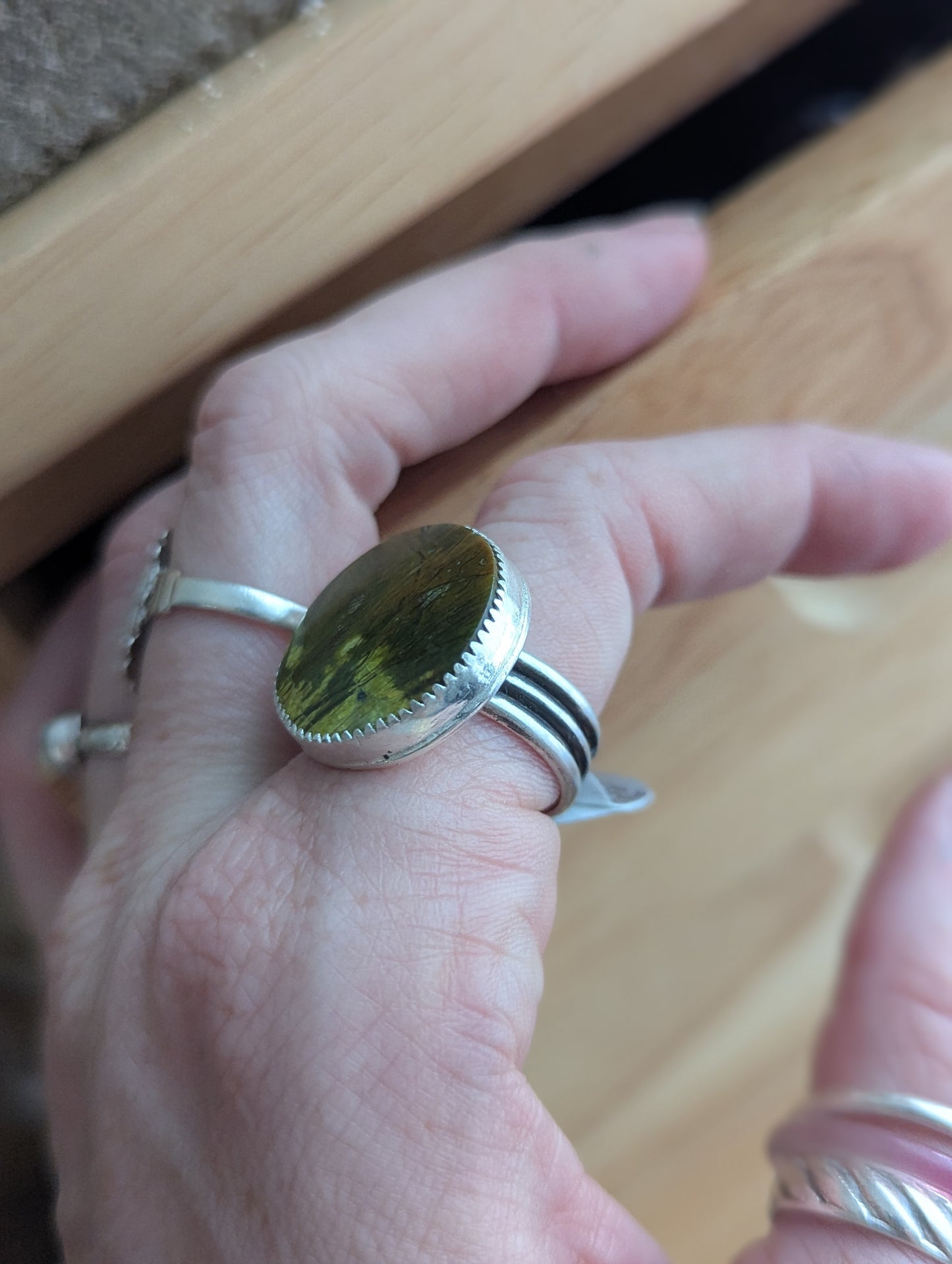 Green Opal Large Round Silver Ring - Size 8