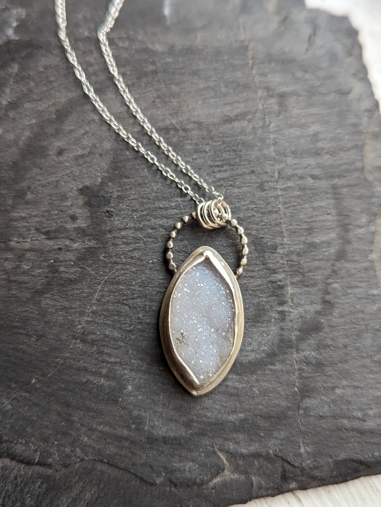 White Druzy Marquise Sterling Silver Necklace