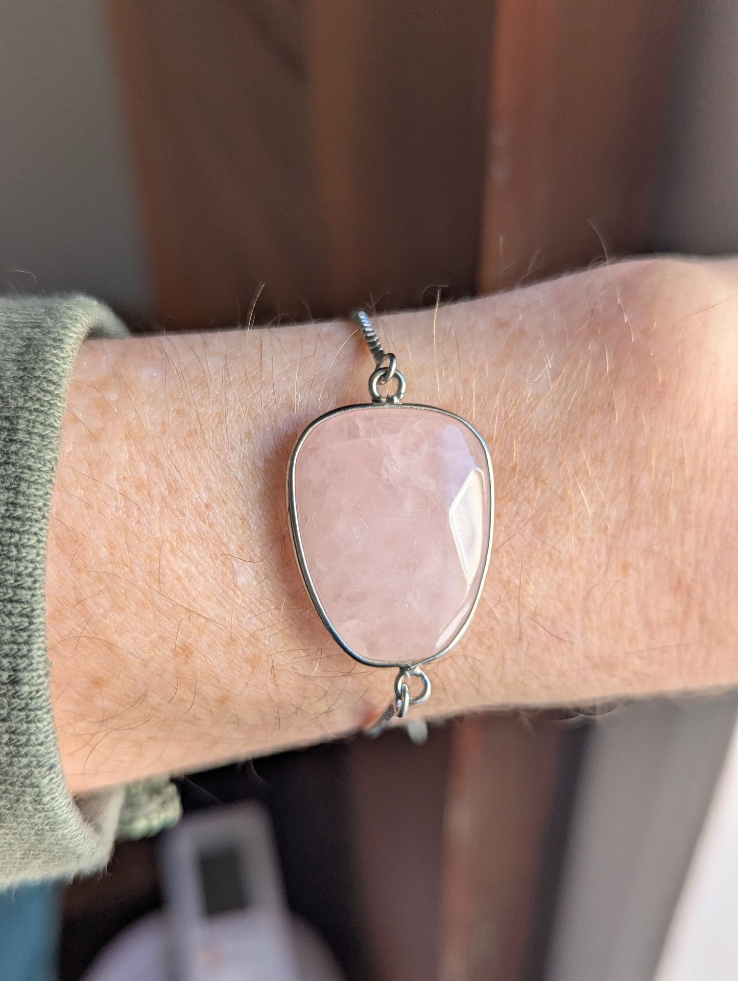 Large Faceted Rose Quartz Silver Slider Bracelet