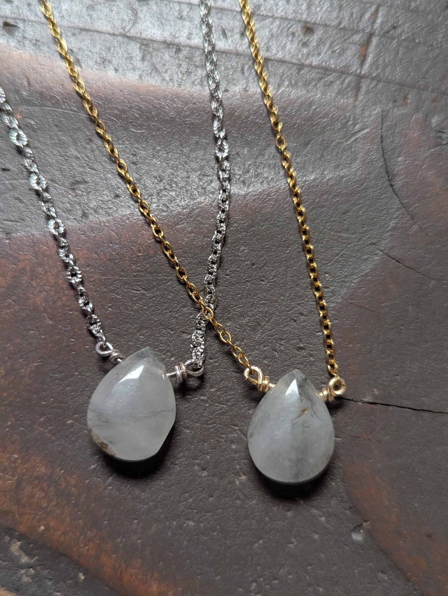 Rutilated Quartz Tear Drop Pendant on Stainless (silver or gold)