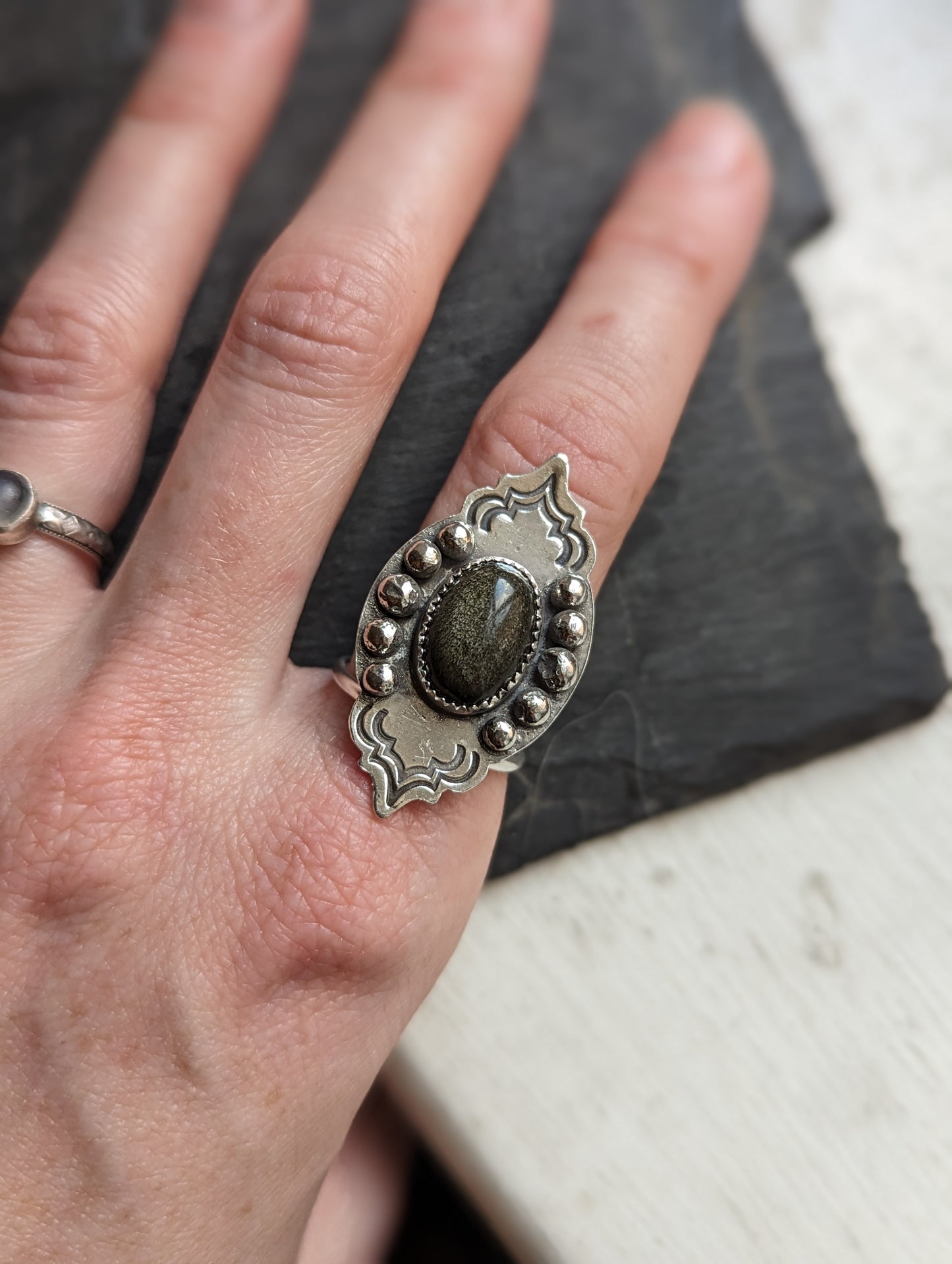 Silver Sheen Obsidian Stamped Ring - Size 7