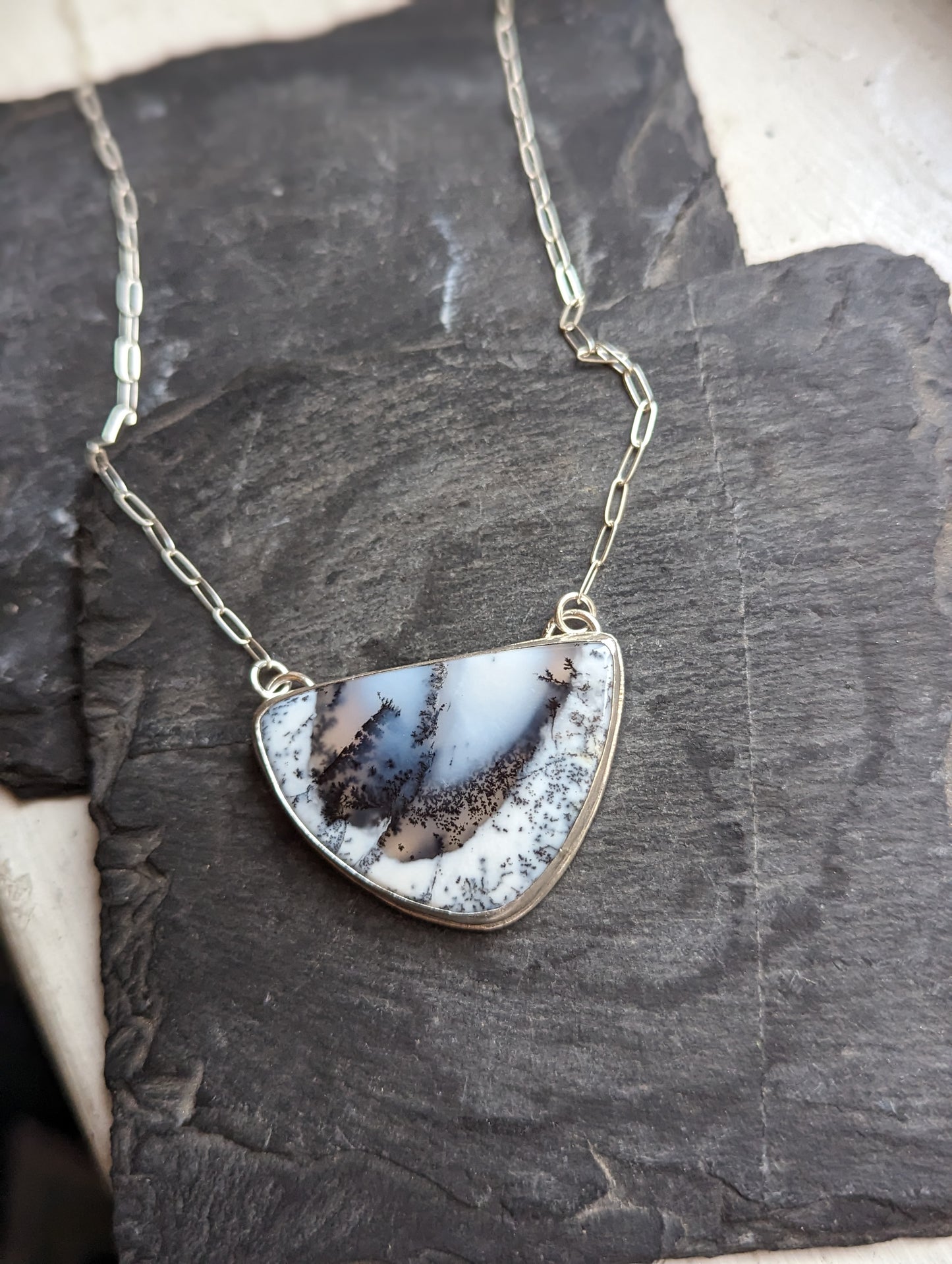 Dendritic Agate Half Moon Sterling Silver Necklace