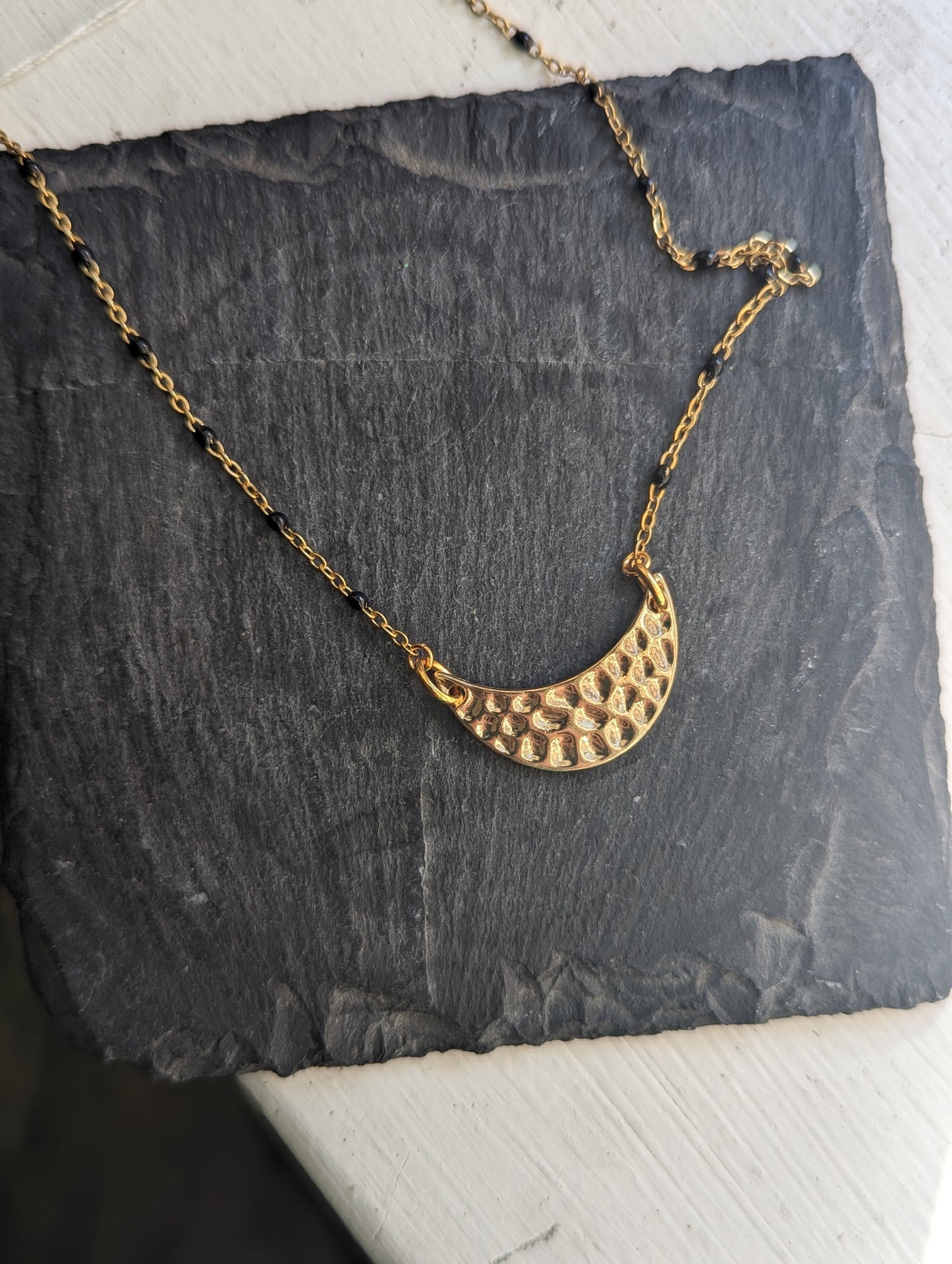 Hammered Crescent Gold/Black Stainless Necklace