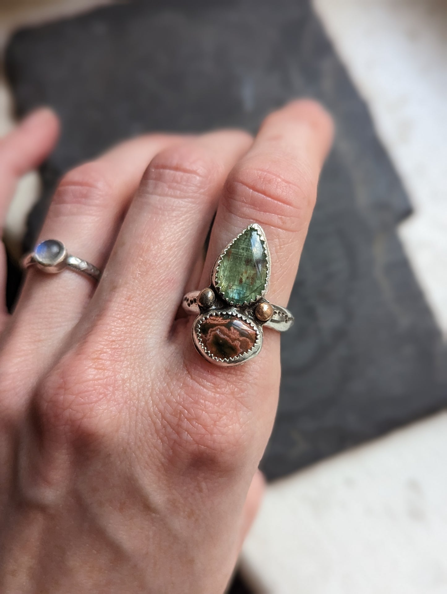 Green Kyanite and Ocean Jasper Ring - Size 7.5