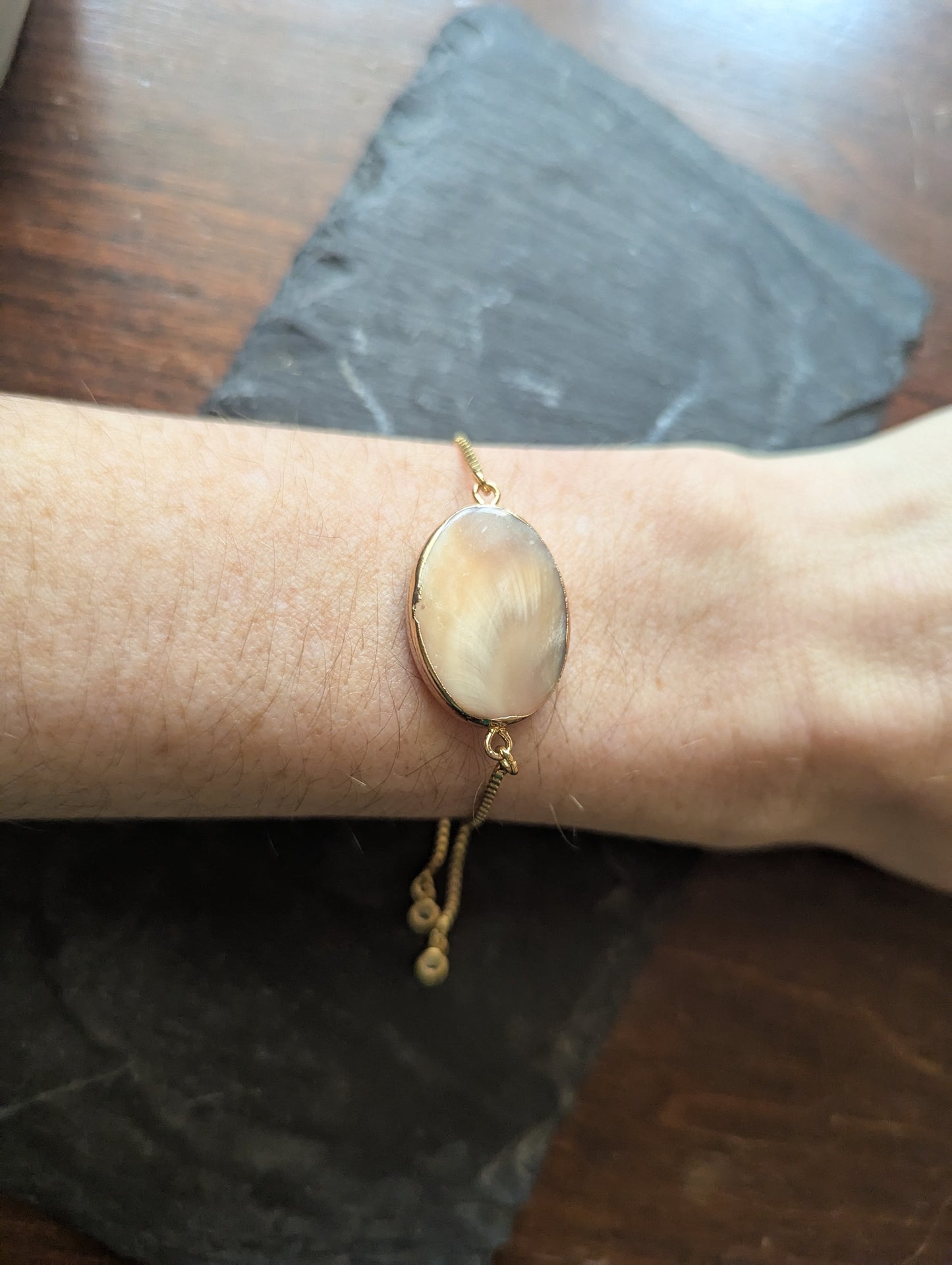 Mother of Pearl Adjustable Slider Bracelet in Gold