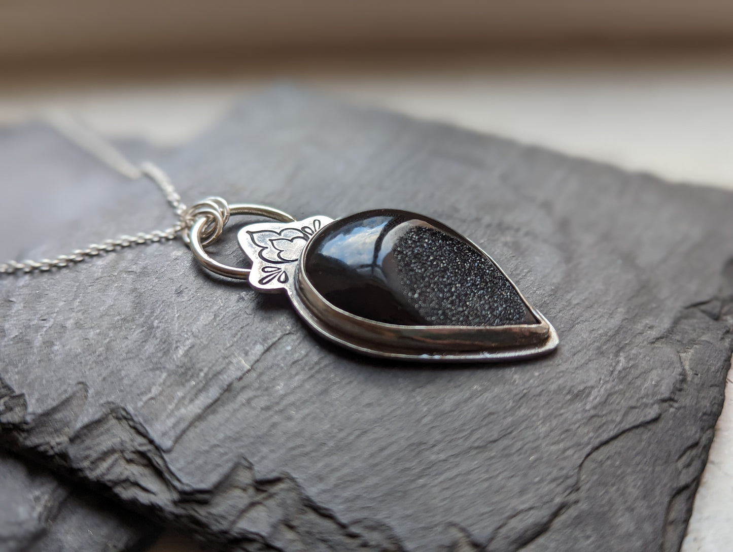 Black Druzy Stamped Sterling Silver Necklace