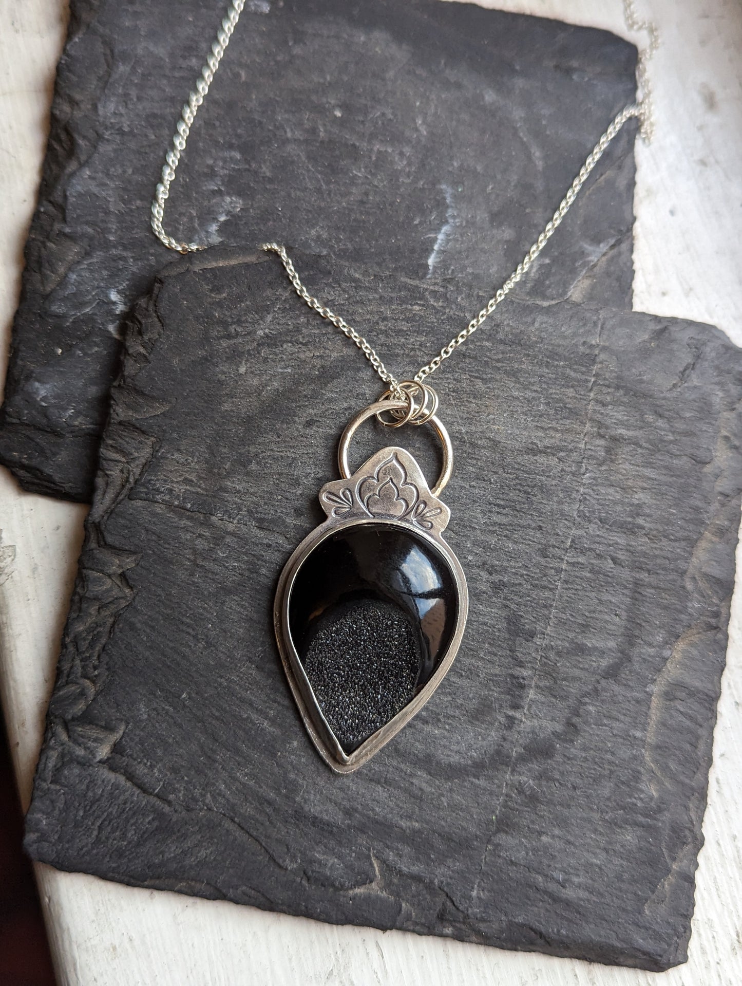 Black Druzy Stamped Sterling Silver Necklace