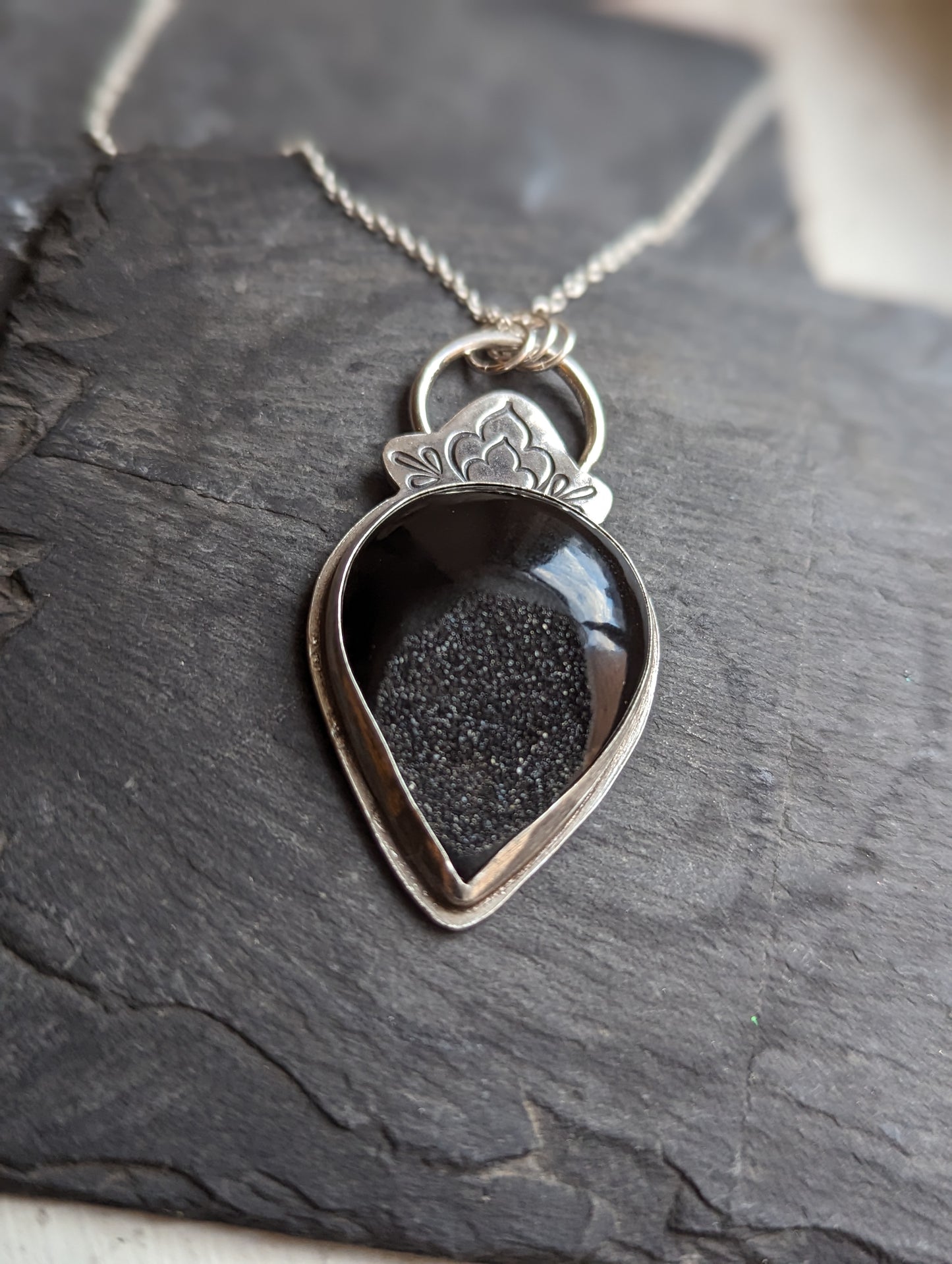 Black Druzy Stamped Sterling Silver Necklace