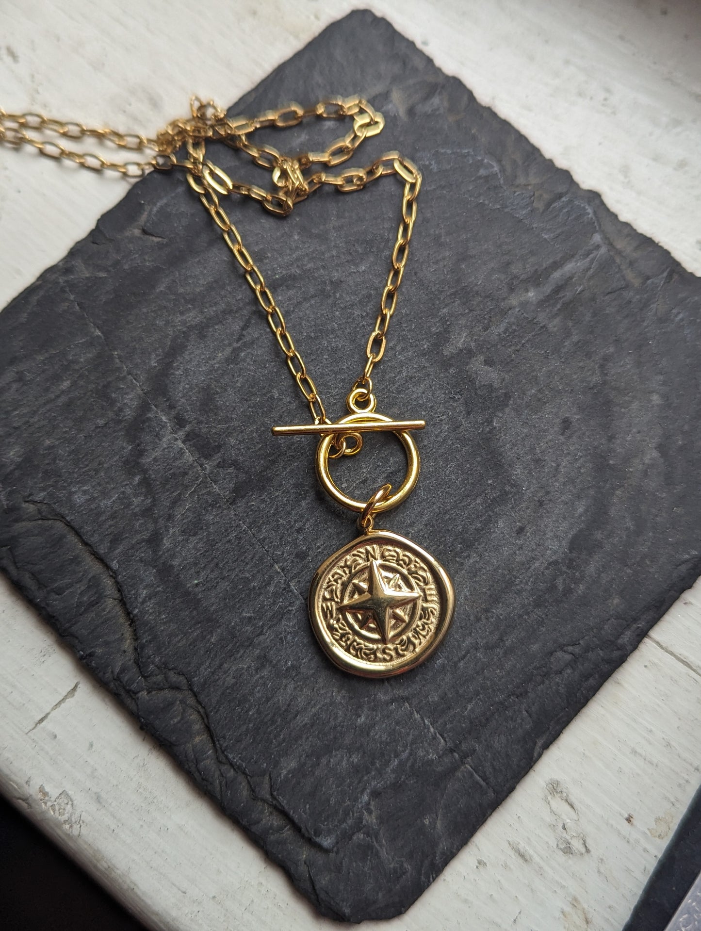 Compass Pendant Toggle Clasp on Gold Paper Clip Chain