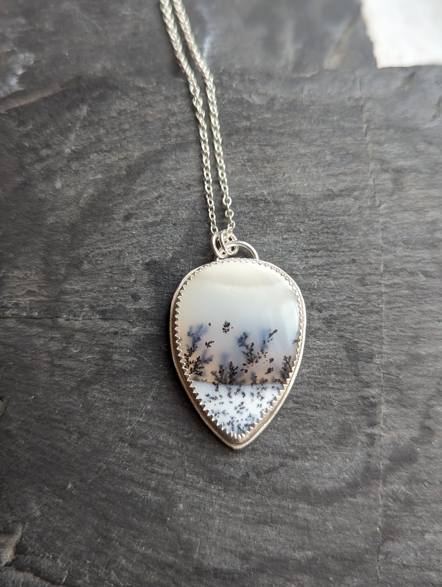 Dendritic Agate Tear Drop Sterling Silver Necklace