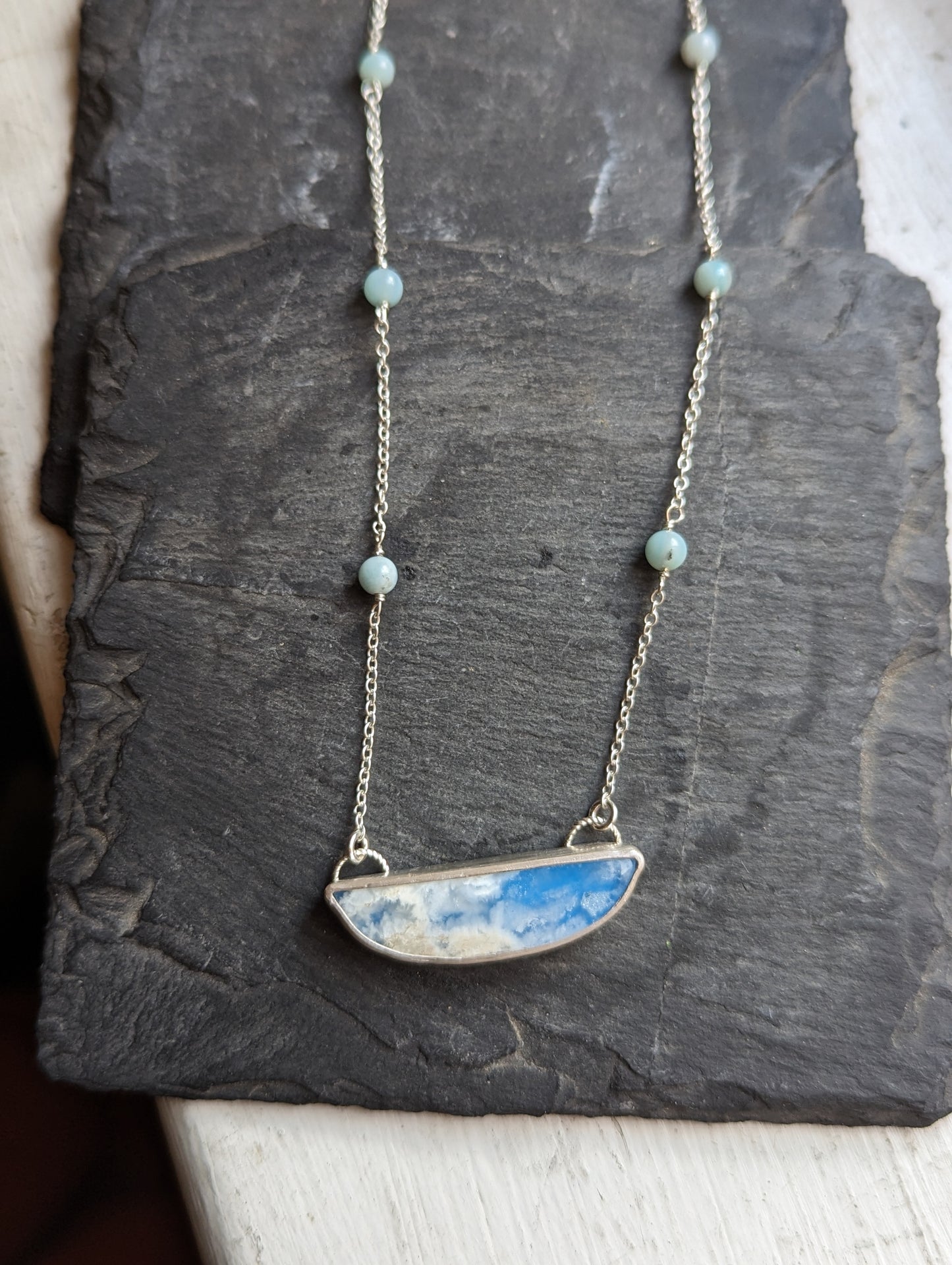 Blue Sky Half Moon Beaded Sterling Silver Necklace