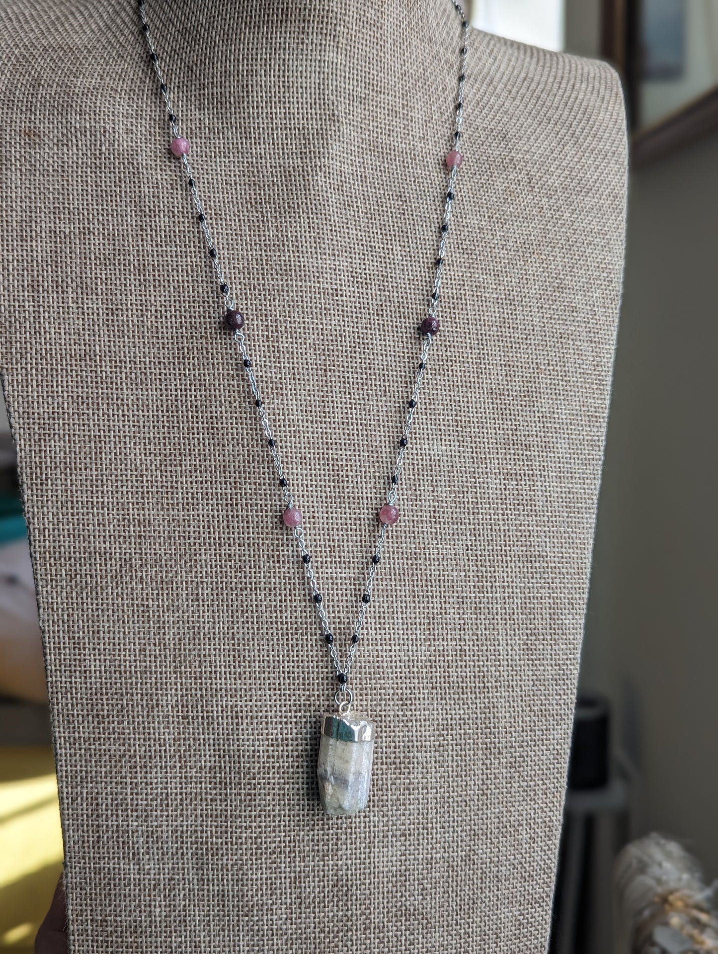 Raw Pink Tourmaline on Beaded Stainless/Black Enamel Necklace