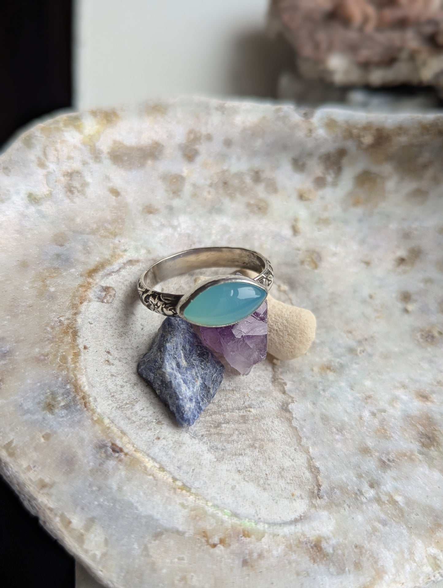 Aqua Chalcedony Marquise Sterling Silver Ring - Size 10.5