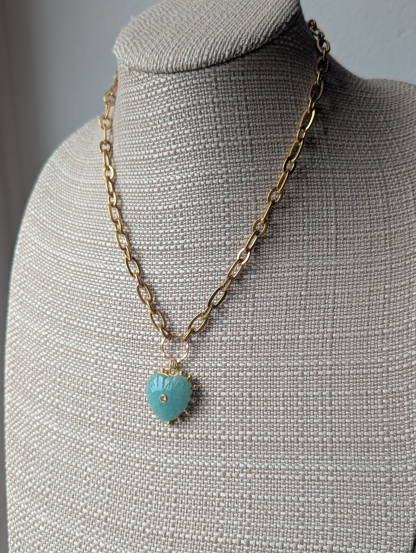 Carved Amazonite Large Heart Chunky Gold Necklace