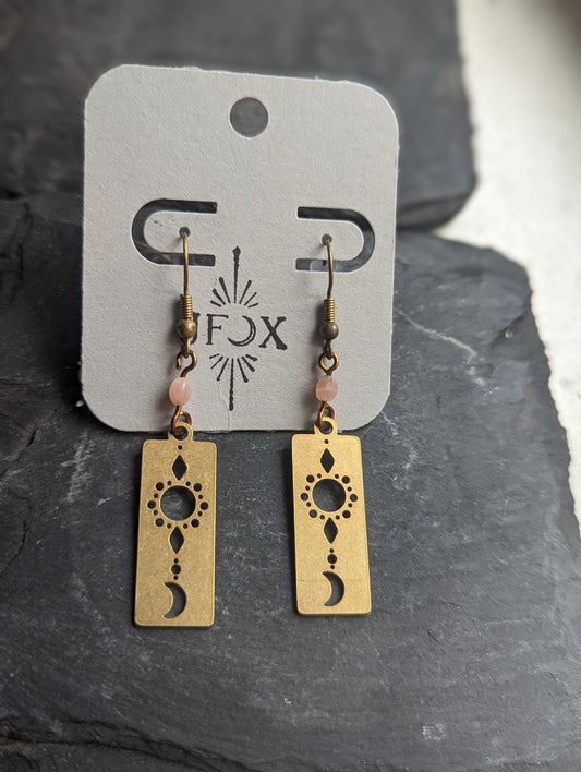 Sun, Moon and Pink Aventurine Earrings - Brass