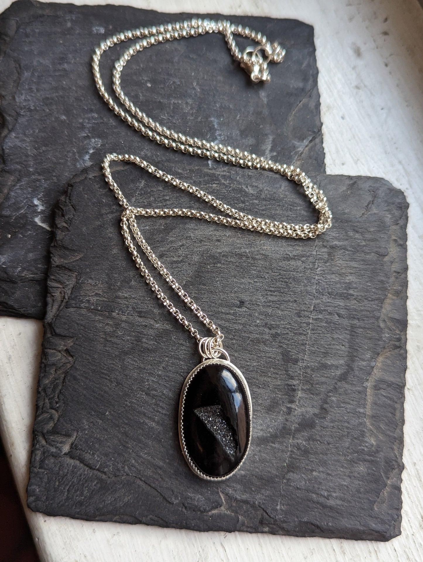 Black Druzy Sterling Silver Necklace