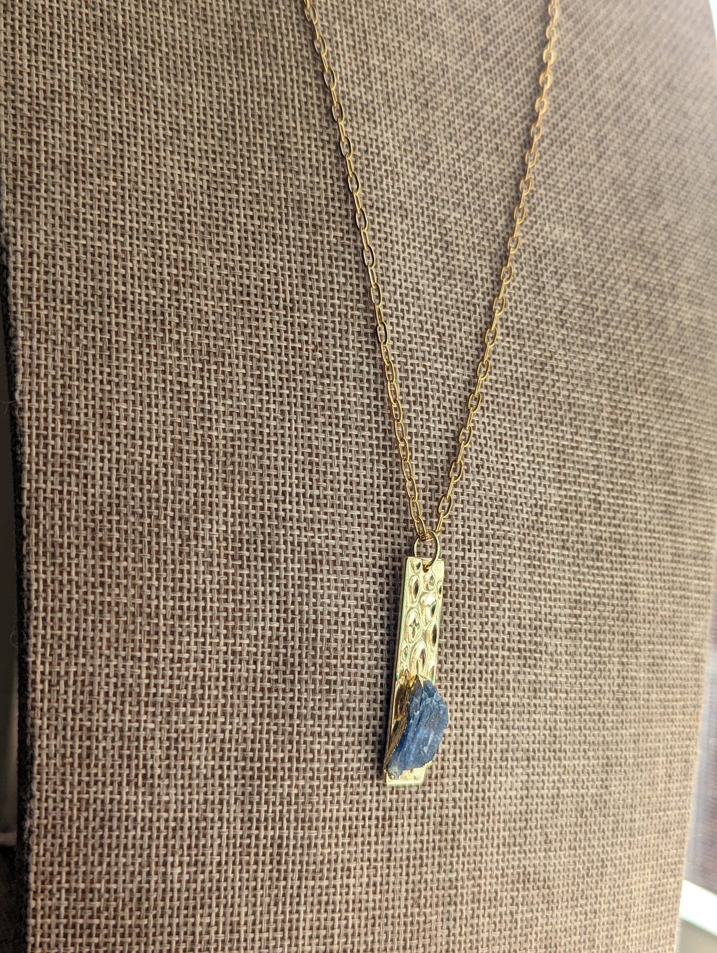 Hammered Gold and Blue Kyanite Pendant on Gold Stainless