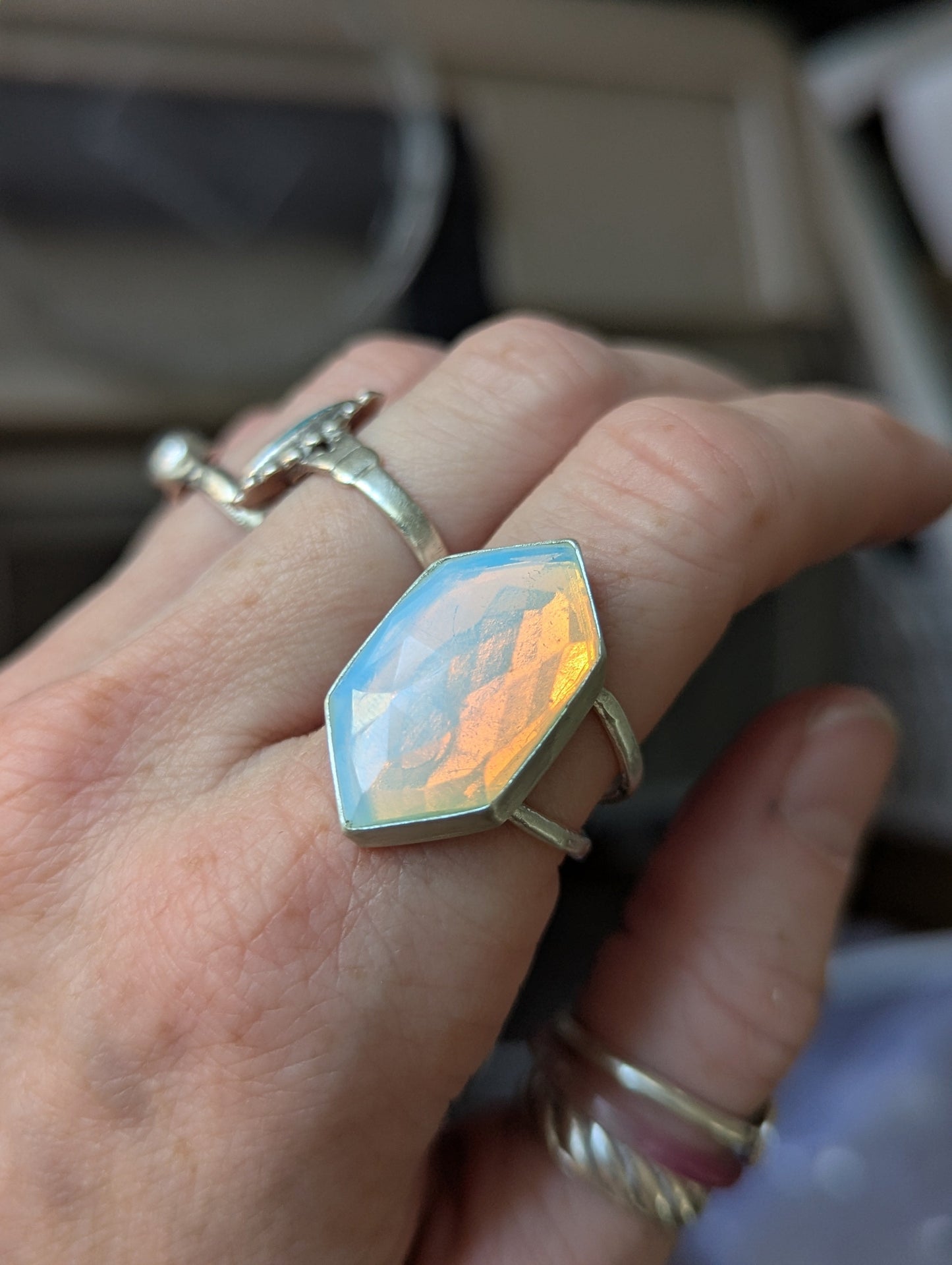 Opalite Diamond Silver Ring - Size 9