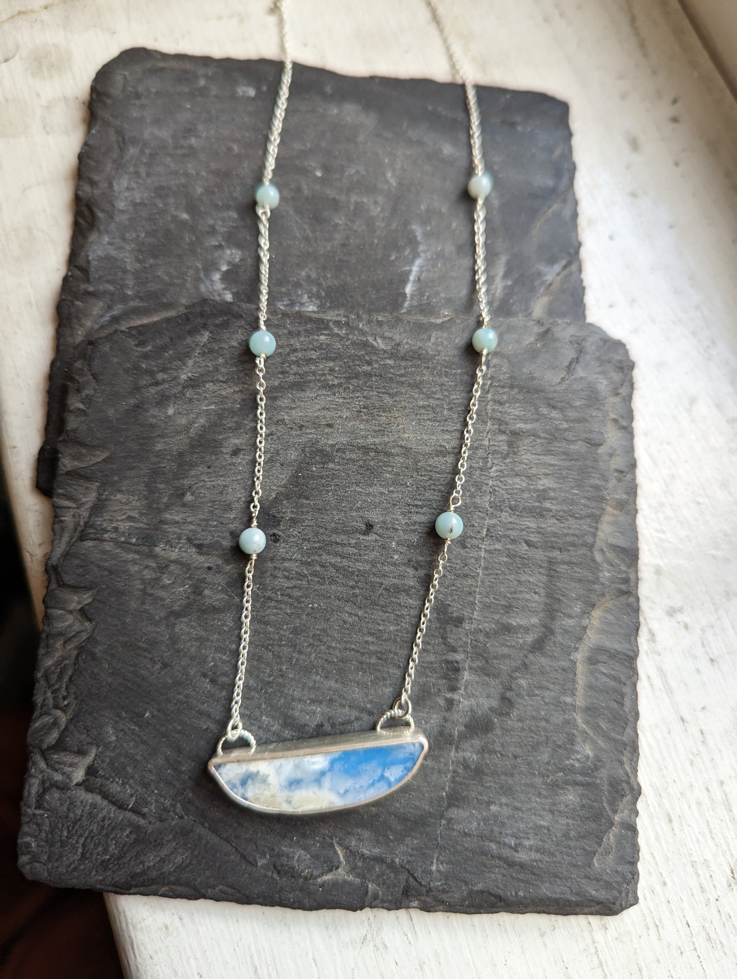 Blue Sky Half Moon Beaded Sterling Silver Necklace