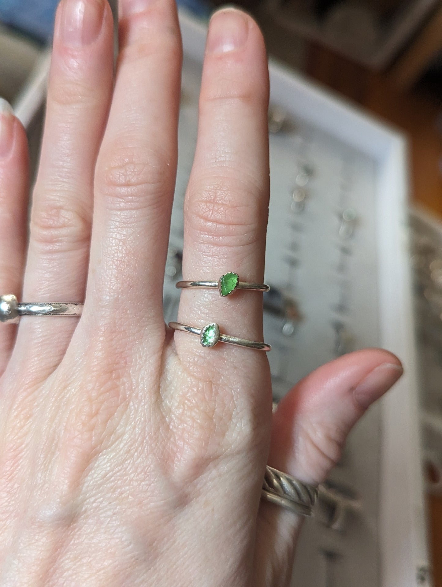 Mini Green Seaglass Sterling Silver Ring - Size 7 and 10