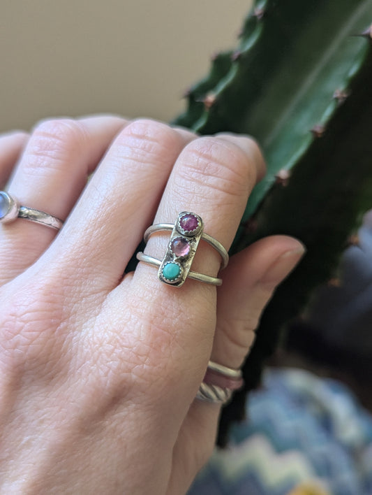 Anillo trío de zafiro, amatista y turquesa - Talla 6