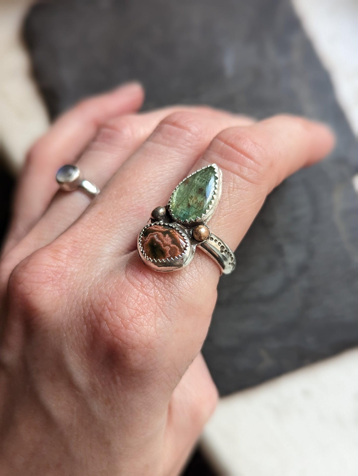 Green Kyanite and Ocean Jasper Ring - Size 7.5