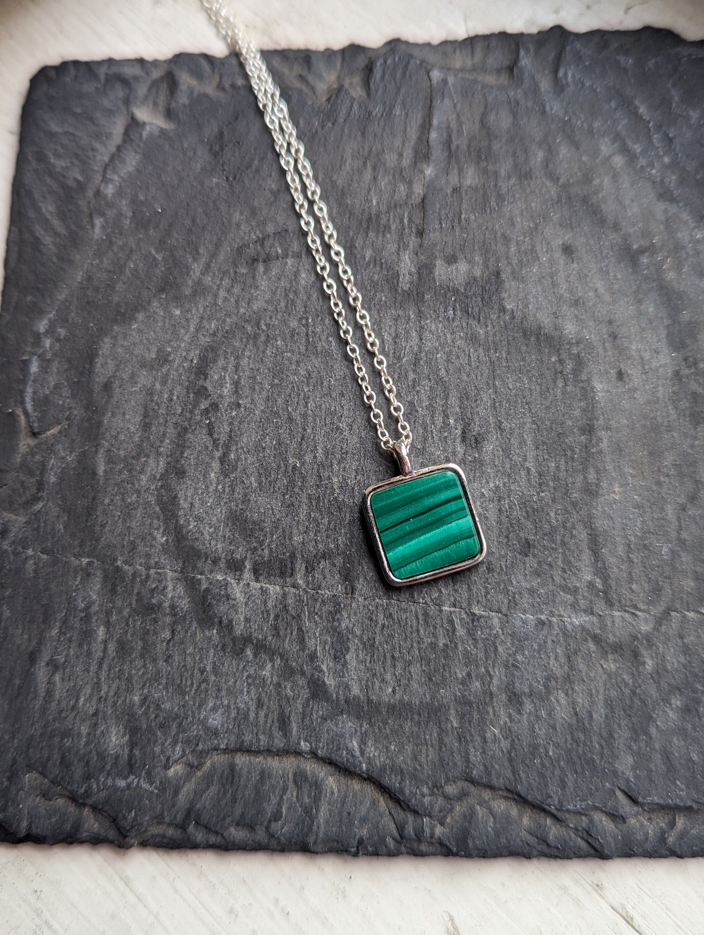 Square Malachite Sterling Silver Necklace
