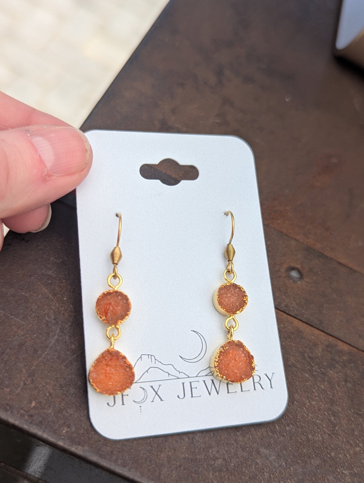 Bright Orange Druzy Duo Gold Earrings
