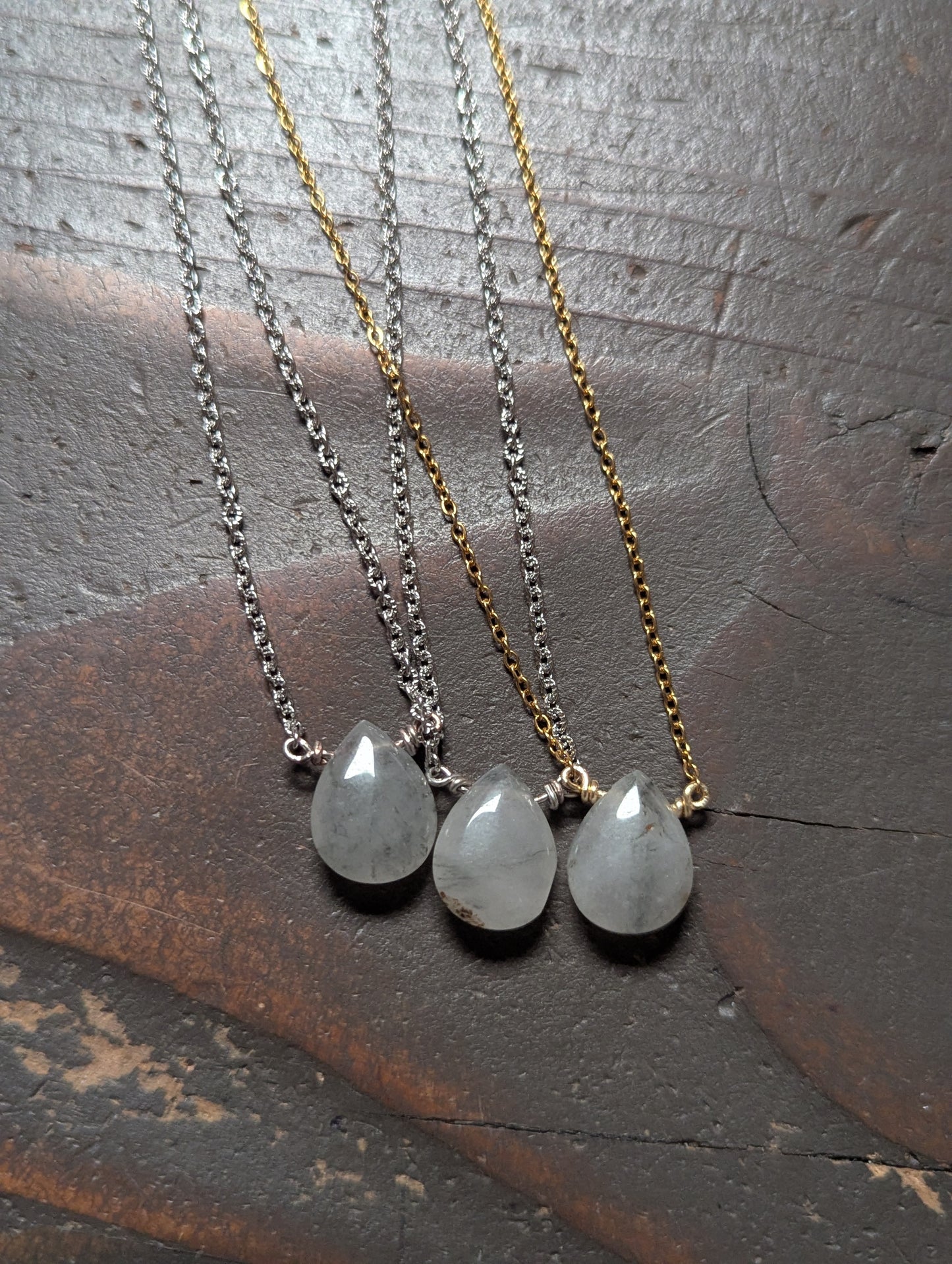 Rutilated Quartz Tear Drop Pendant on Stainless (Silver or Gold)
