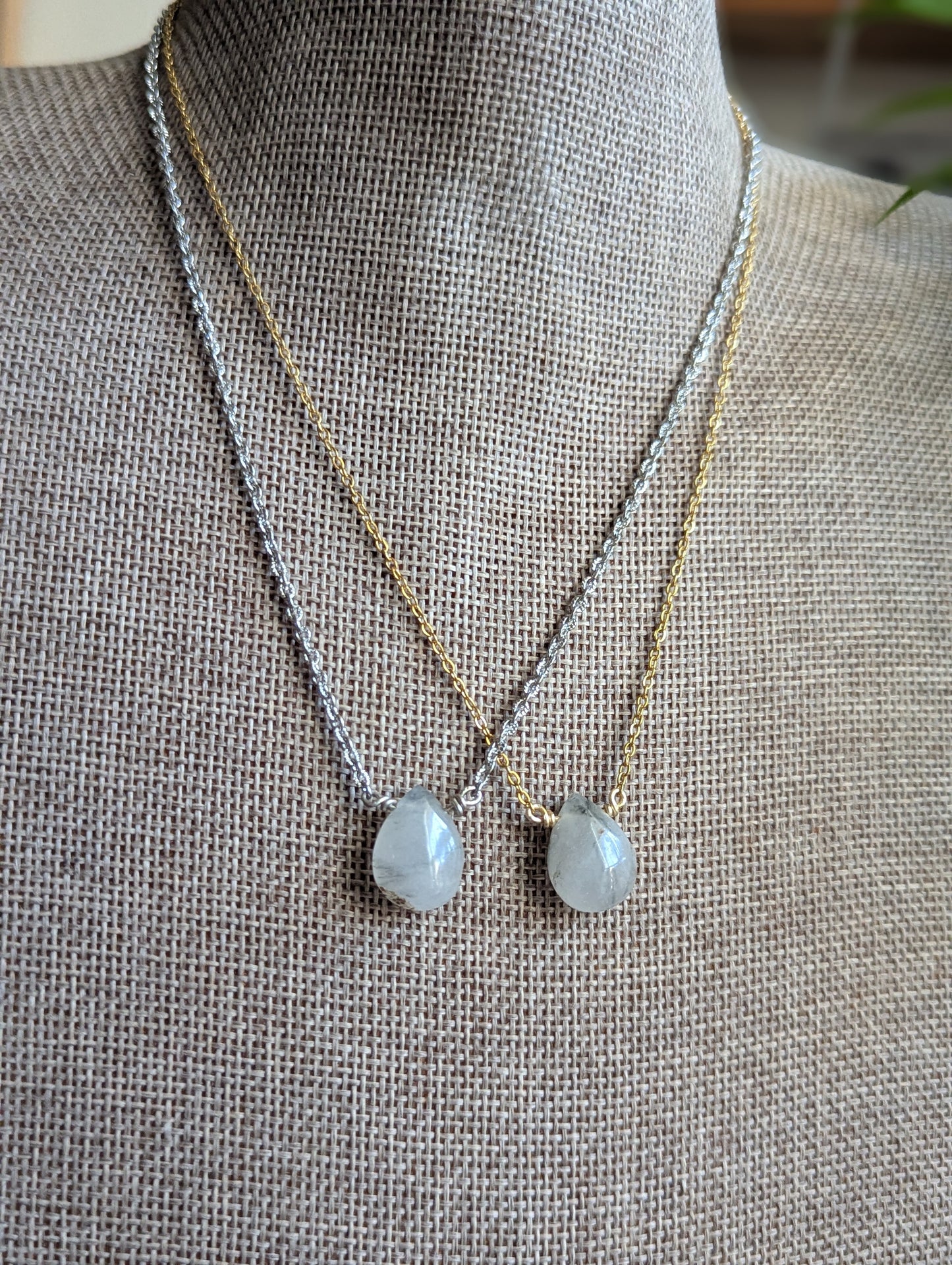 Rutilated Quartz Tear Drop Pendant on Stainless (Silver or Gold)