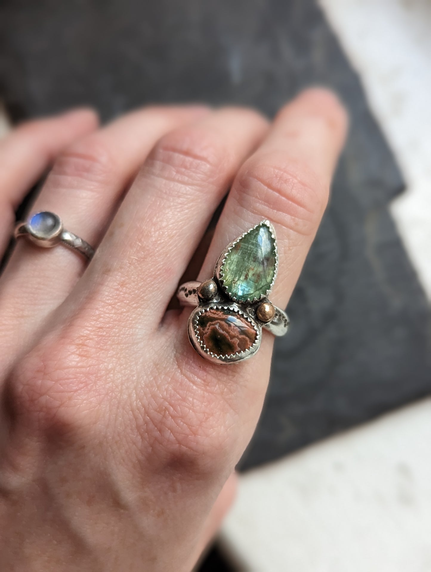 Green Kyanite and Ocean Jasper Ring - Size 7.5