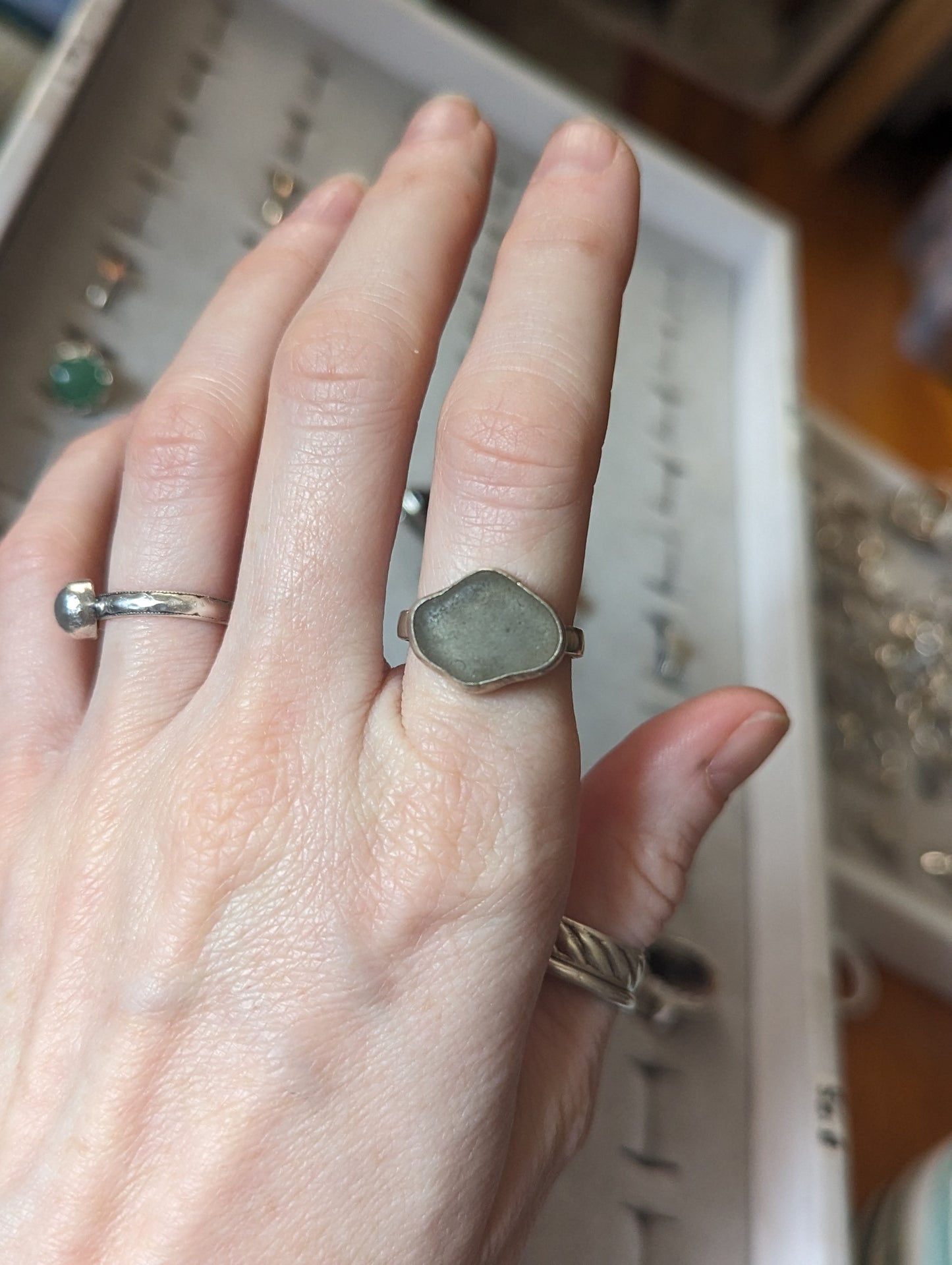 Clear Seaglass Cloud Sterling Silver Ring - Size 7.5