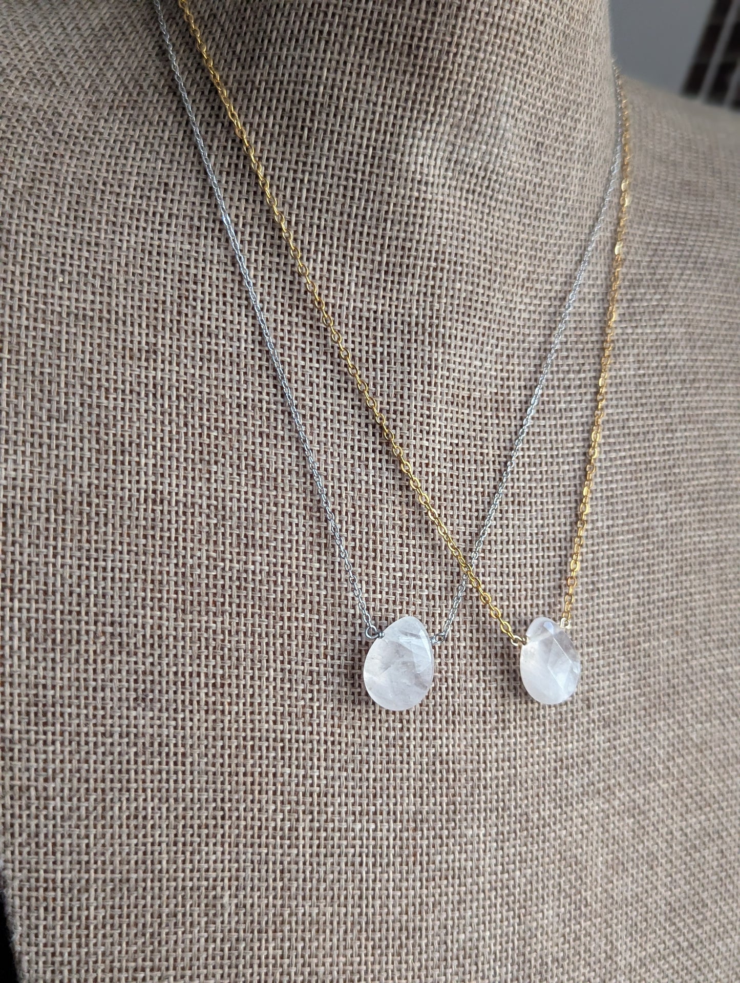 Faceted Rose Quartz Tear Drop Pendant on Stainless Steel (silver or gold)