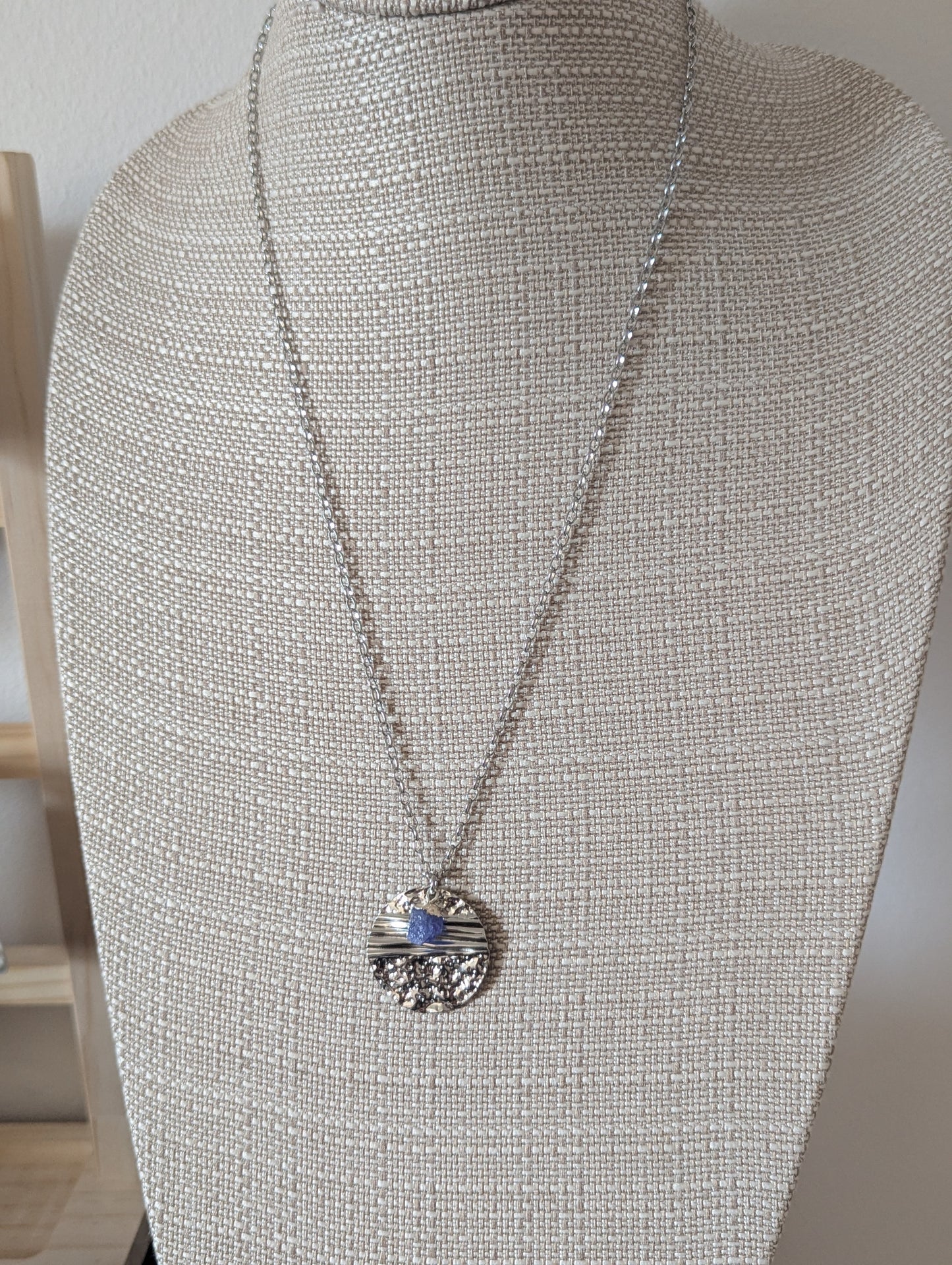 Silver Round Textured Raw Gemstone Silver Necklace