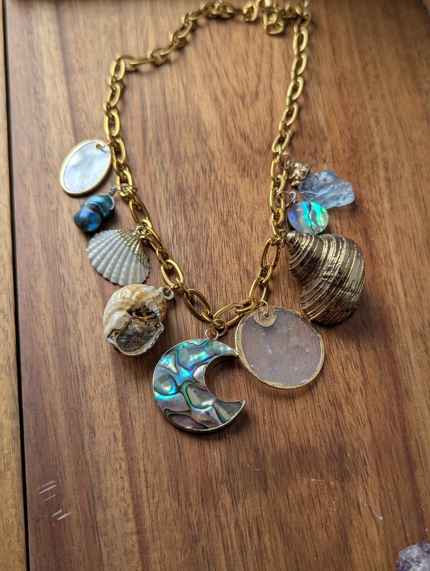 Moon Mermaid Shell Beachy Vibes Gold Charm Necklace