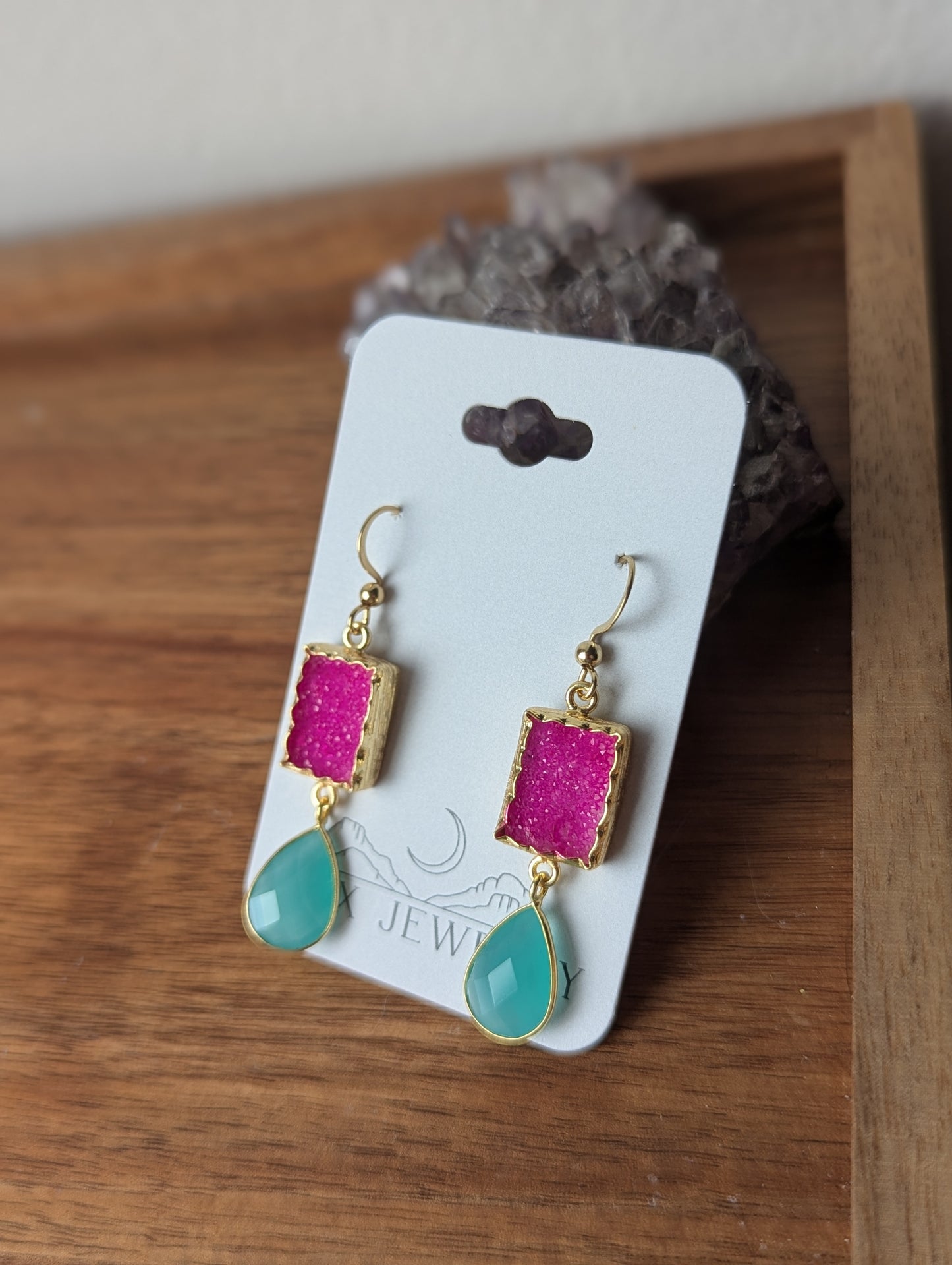 Hot Pink Druzy and Aqua Chalcedony Gold Earrings