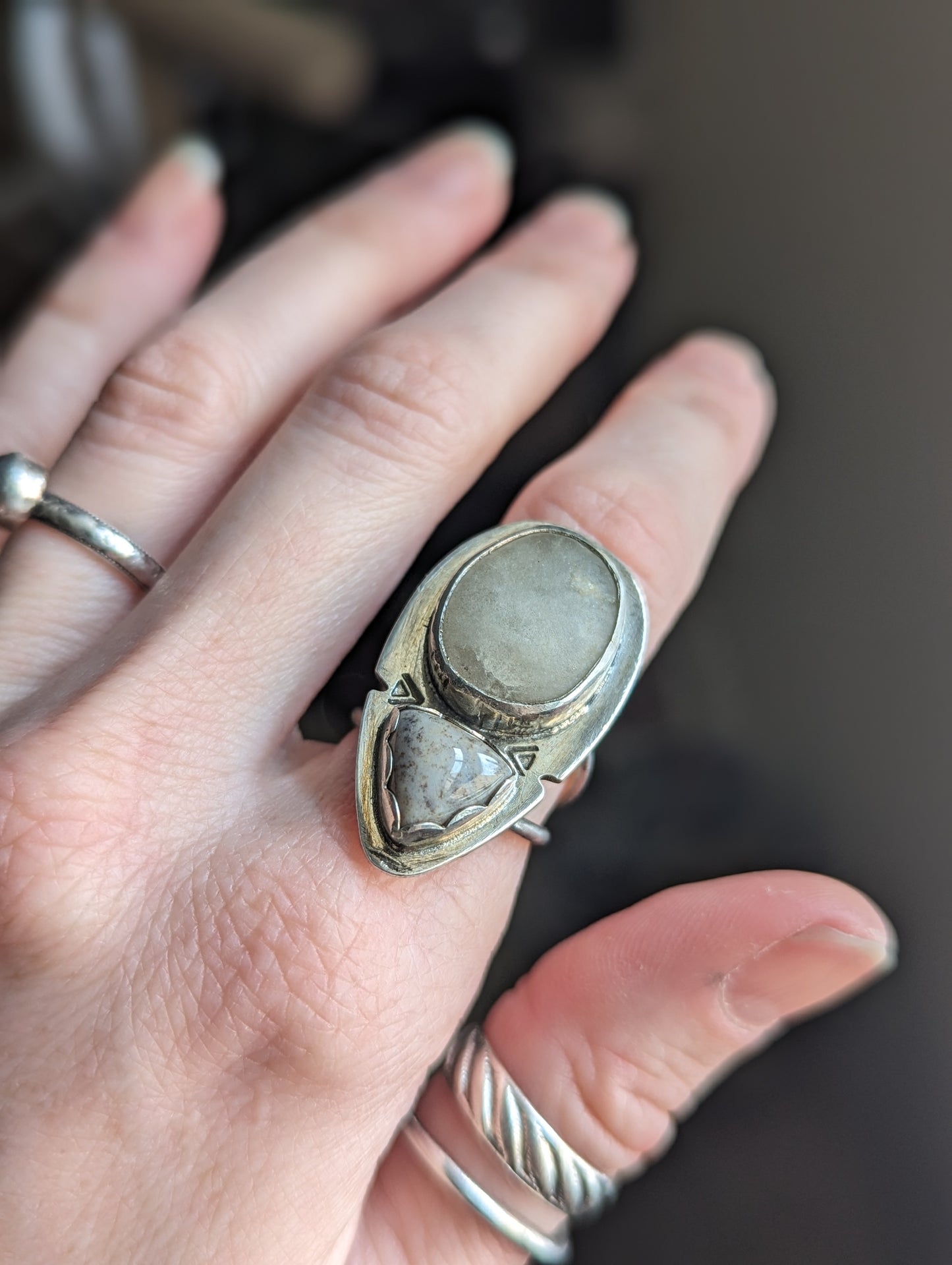 Beach stone and Agate Statement Silver Ring - Size 7