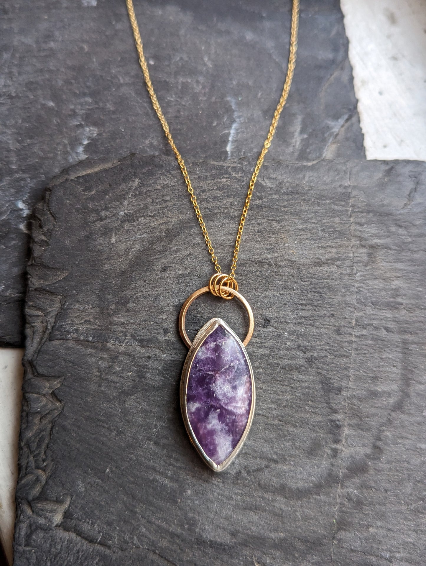 Lepidolite Marquise Mixed Metal 14kGF and Sterling Silver Necklace