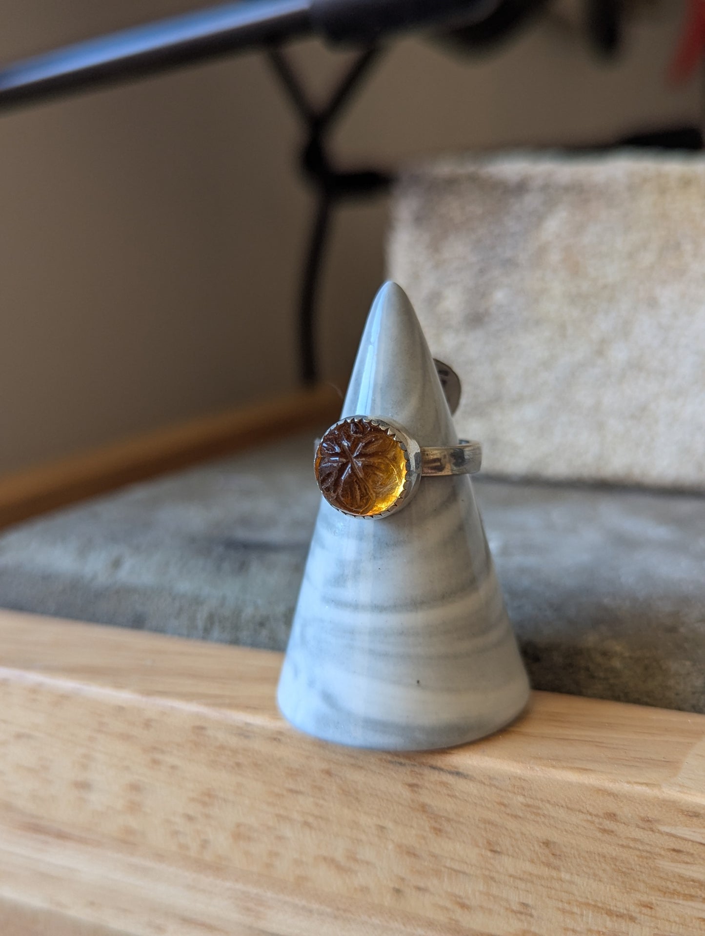 Citrine Carved Floral Silver Ring - Size 5.5