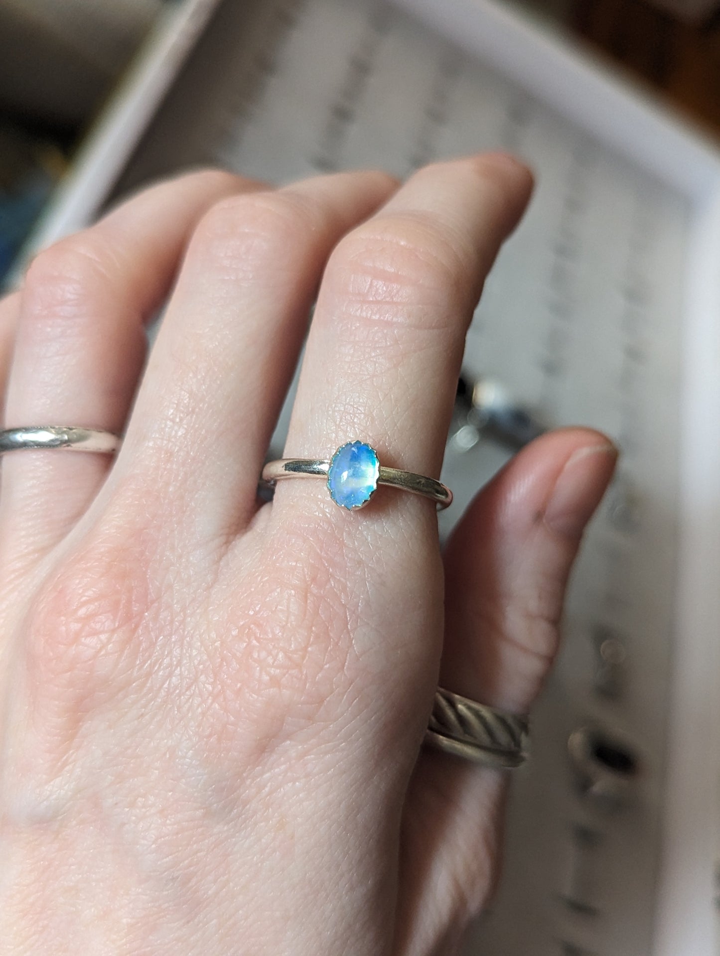 Blue Welo Opal Sterling Silver Ring - Size 6 and 8.5