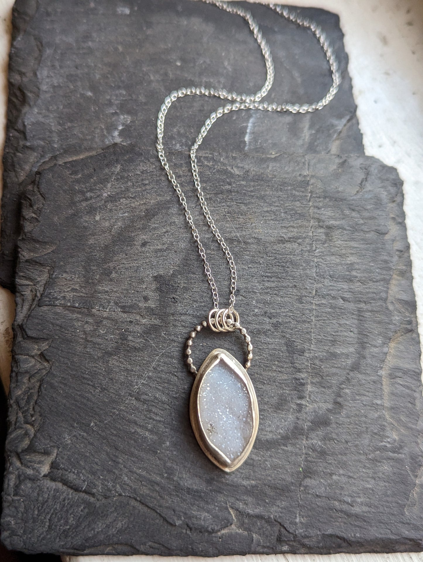 White Druzy Marquise Sterling Silver Necklace