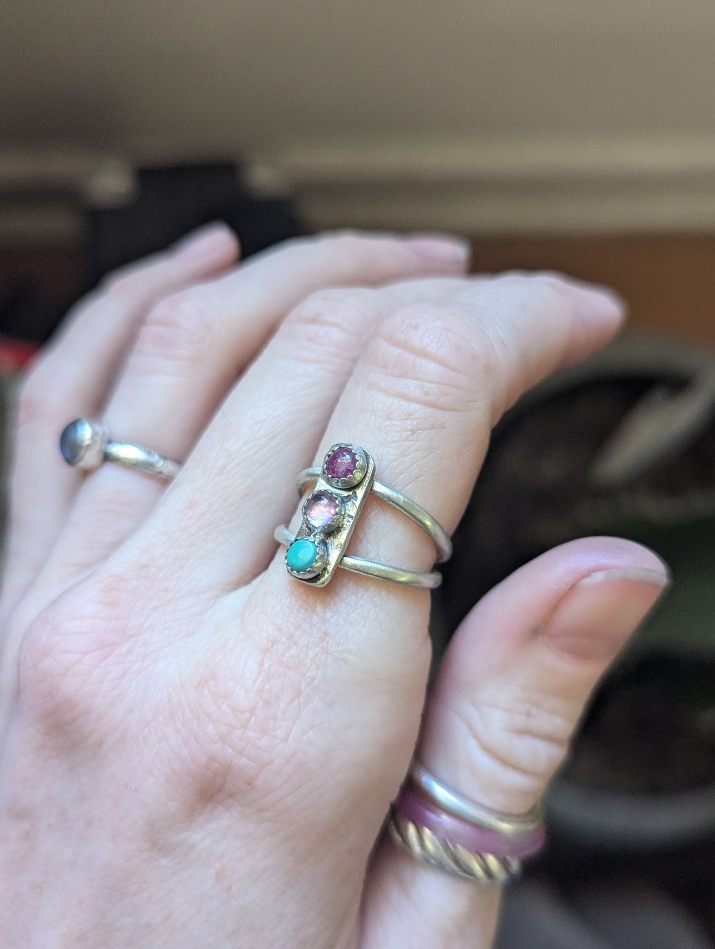 Anillo trío de zafiro, amatista y turquesa - Talla 6