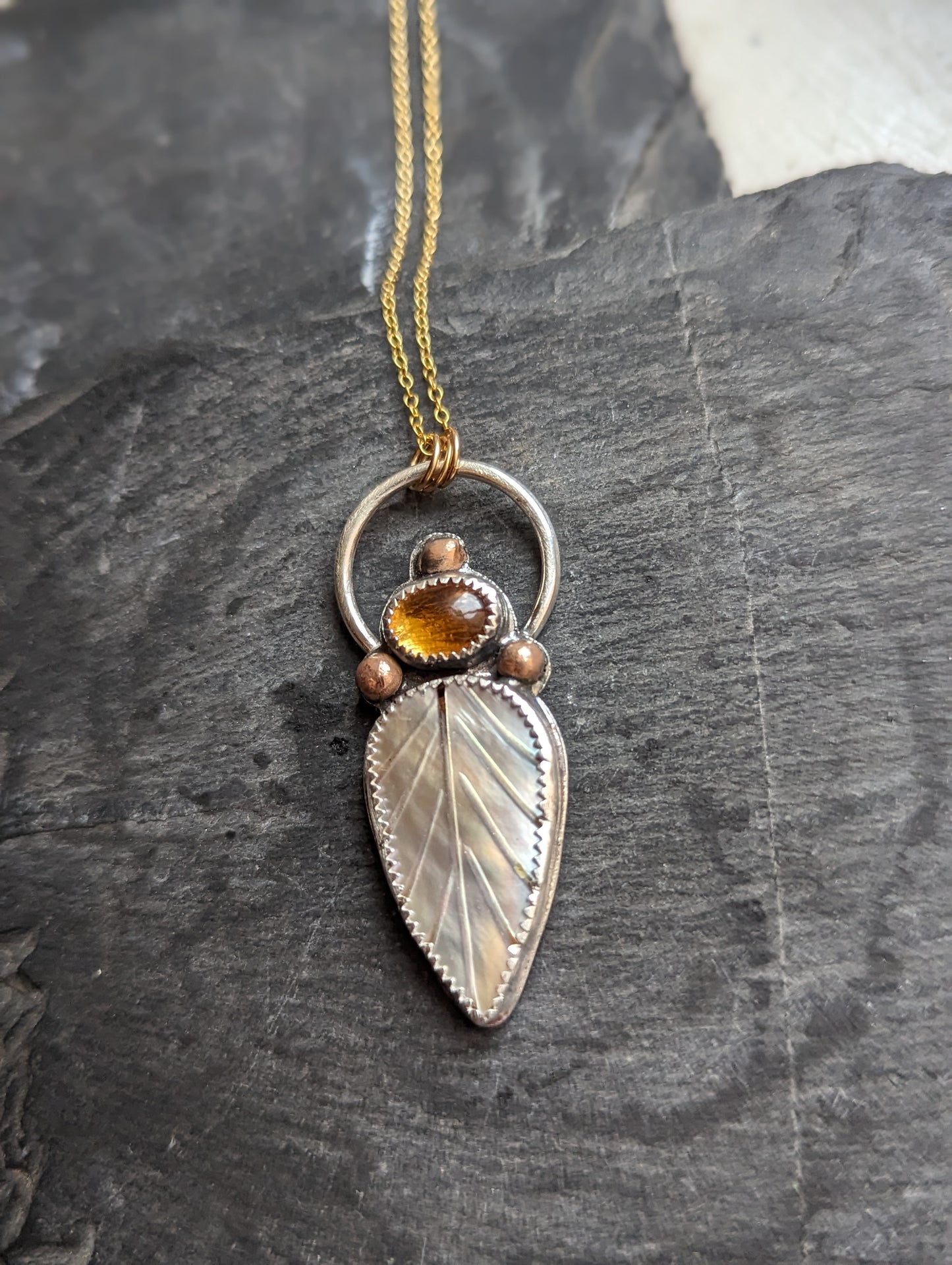 Mother of Pearl Leaf with Citrine Mixed Metal 14kGF and Sterling Silver Necklace