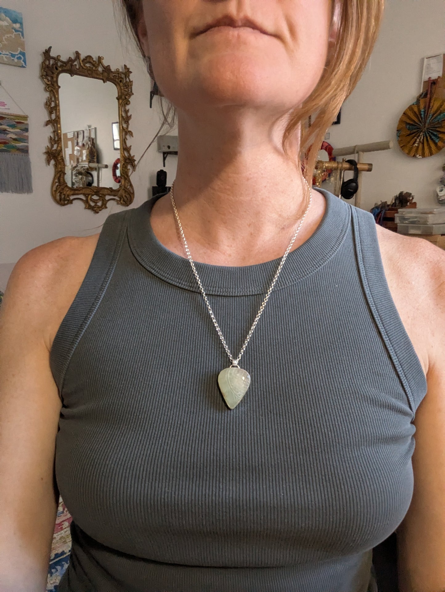 Carved Tropical Light Green Prehnite Sterling Silver Necklace