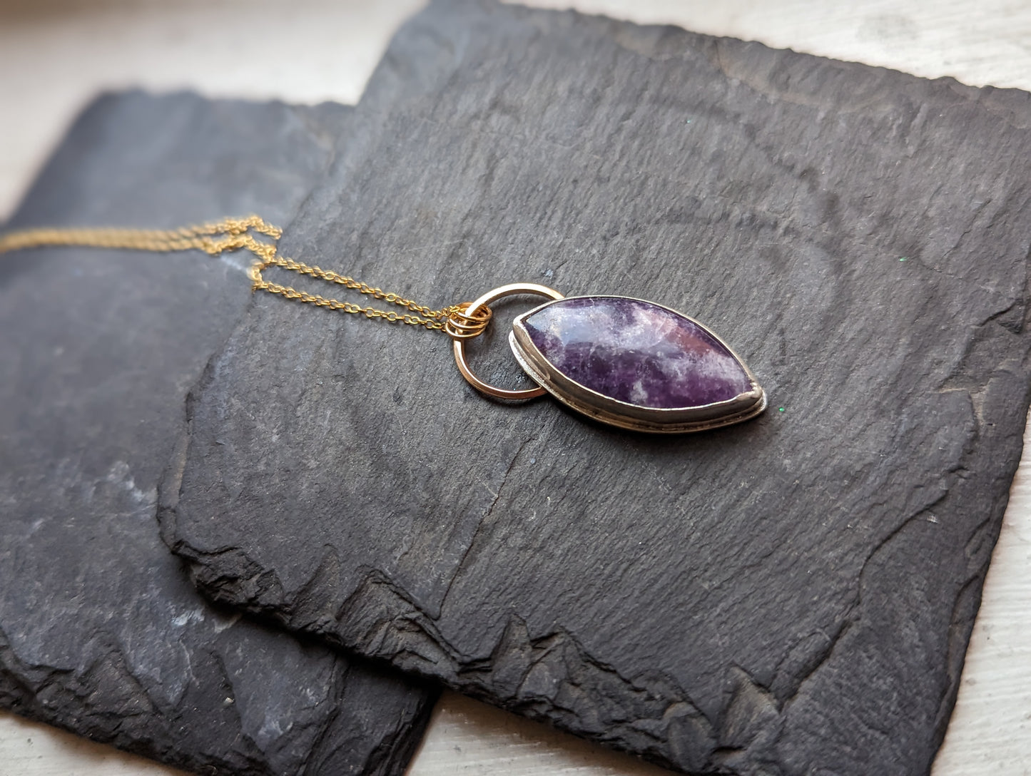 Lepidolite Marquise Mixed Metal 14kGF and Sterling Silver Necklace