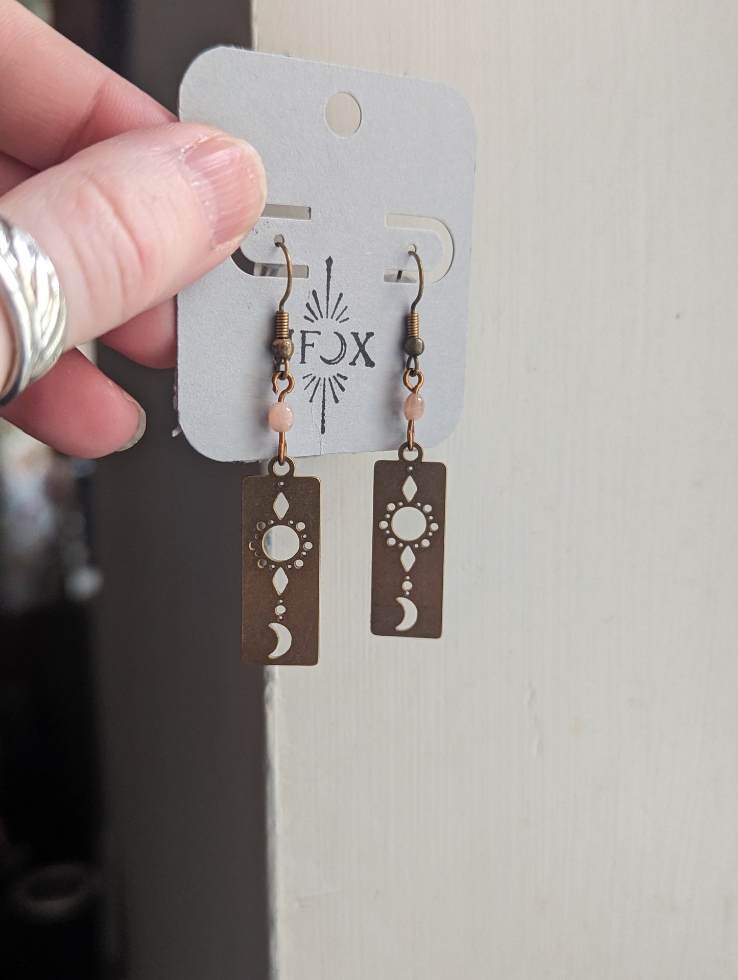 Sun, Moon and Pink Aventurine Earrings - Brass