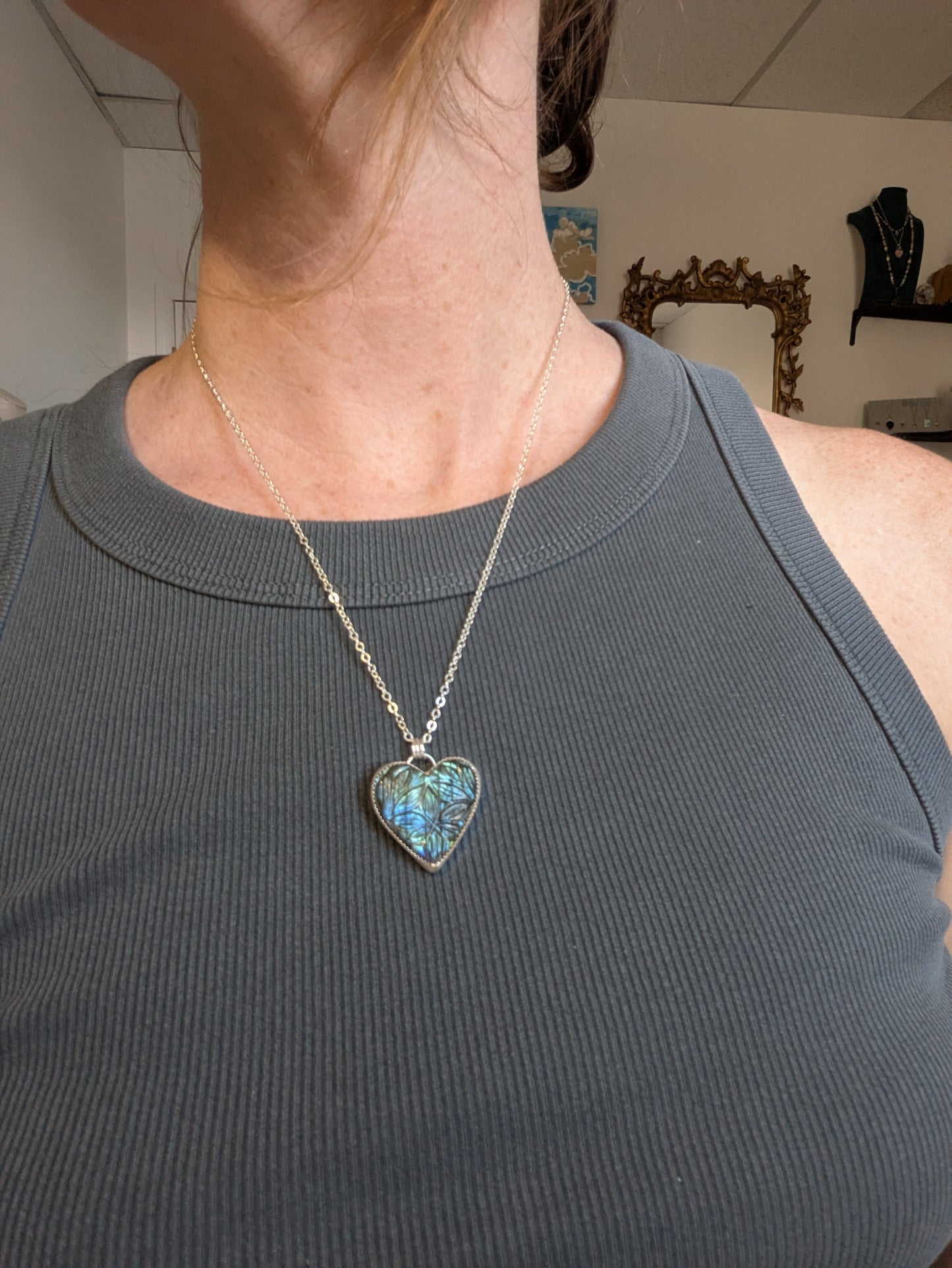 Large Carved Labradorite Heart Sterling Silver Necklace