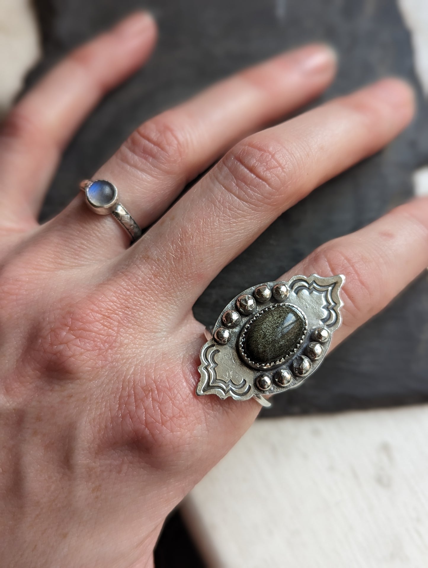 Silver Sheen Obsidian Stamped Ring - Size 7